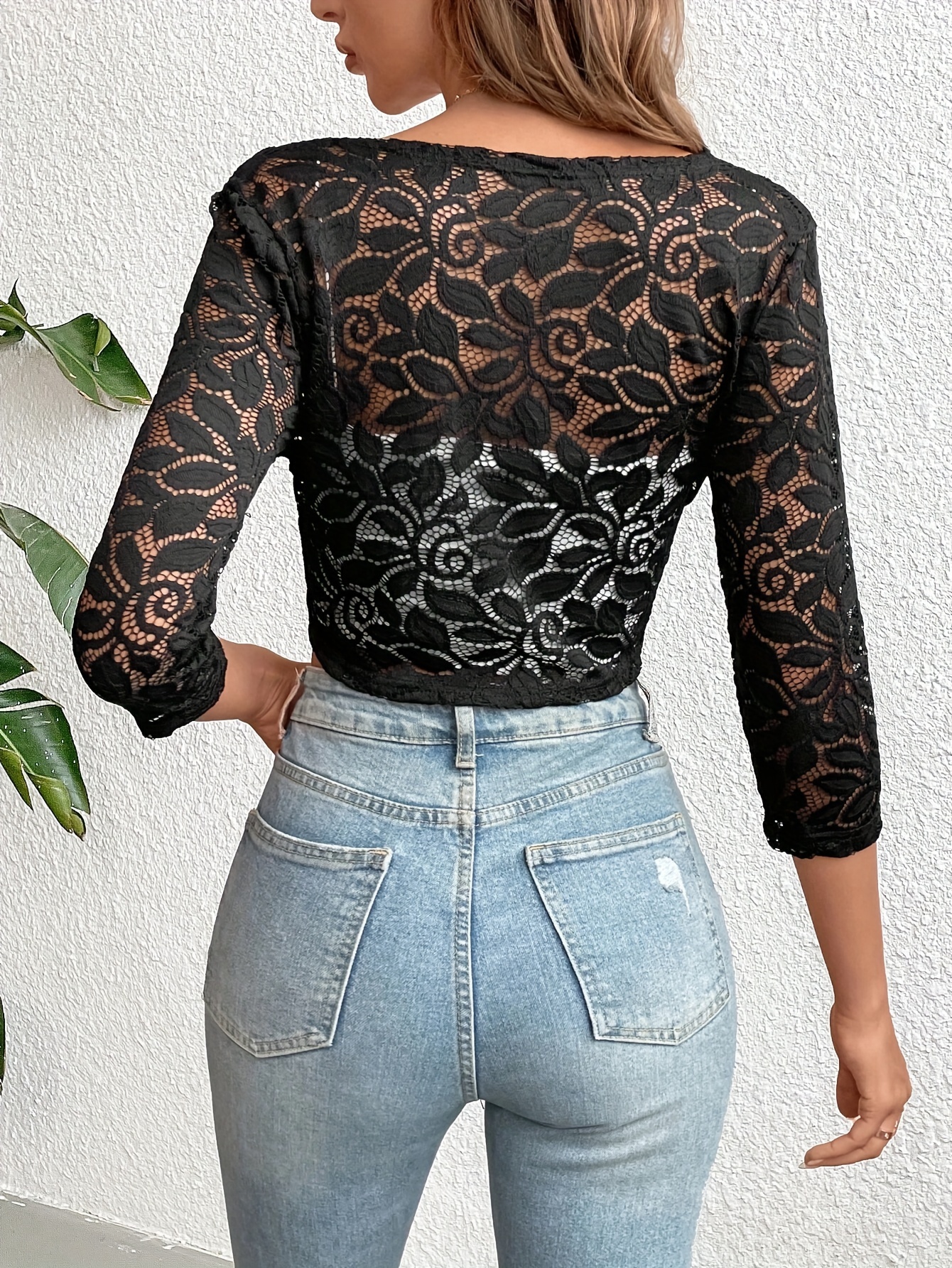 lace crop open front jacket elegant 3 4 sleeve jacket for spring fall womens clothing details 2