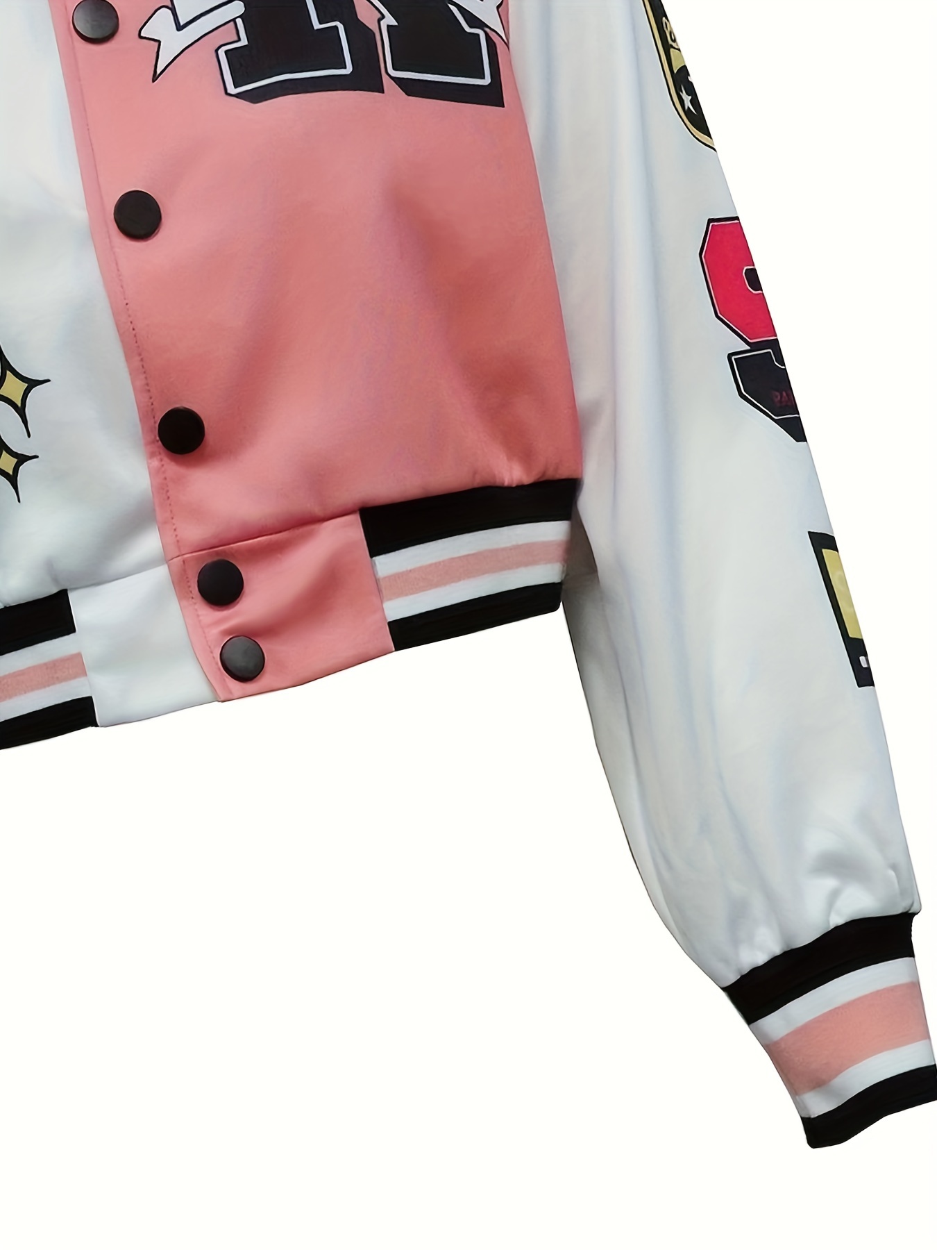 letter print button front varsity jacket casual long sleeve baseball neck outerwear womens clothing details 8