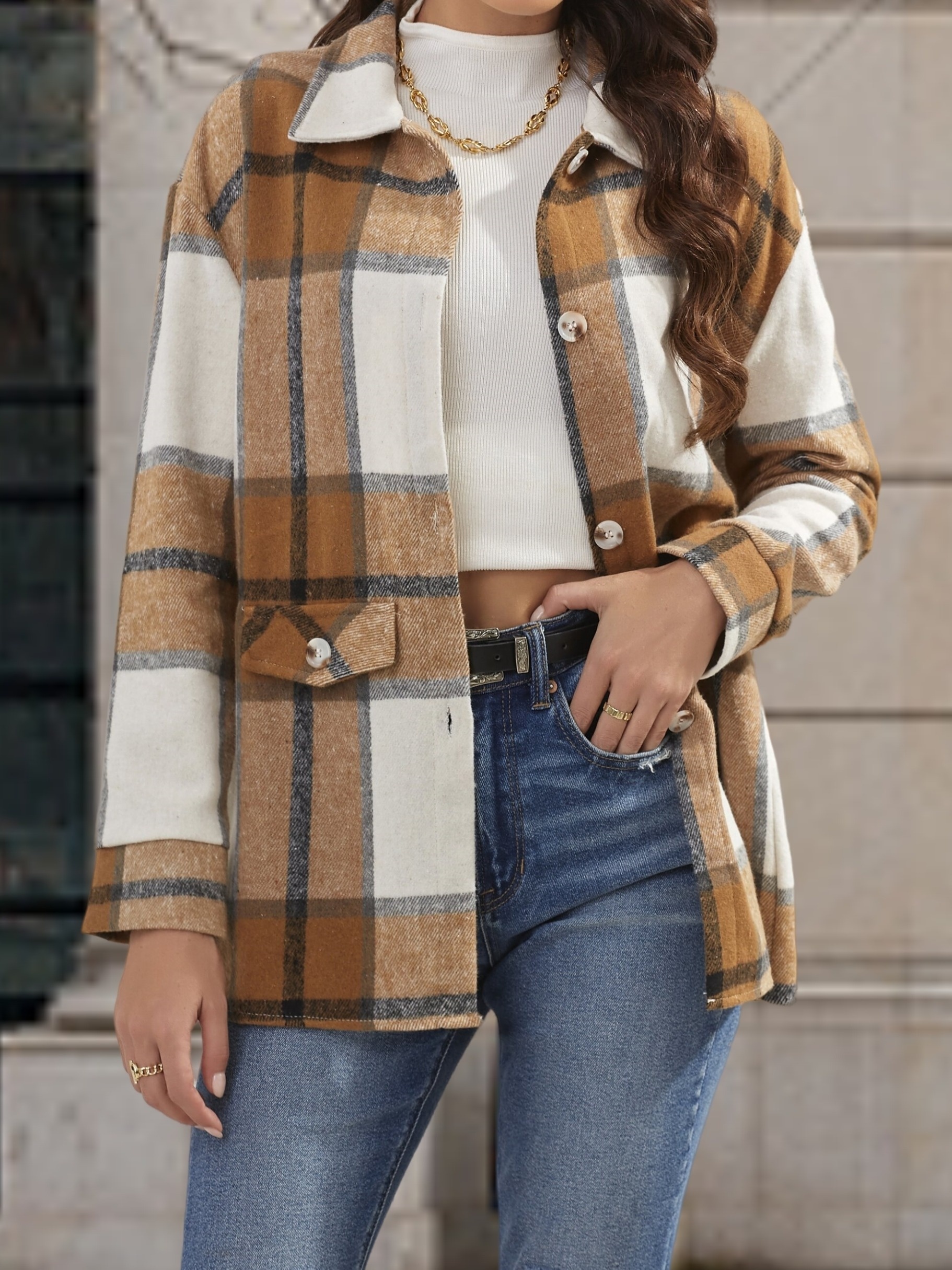 plaid print simple jacket casual button front long sleeve outerwear womens clothing details 2