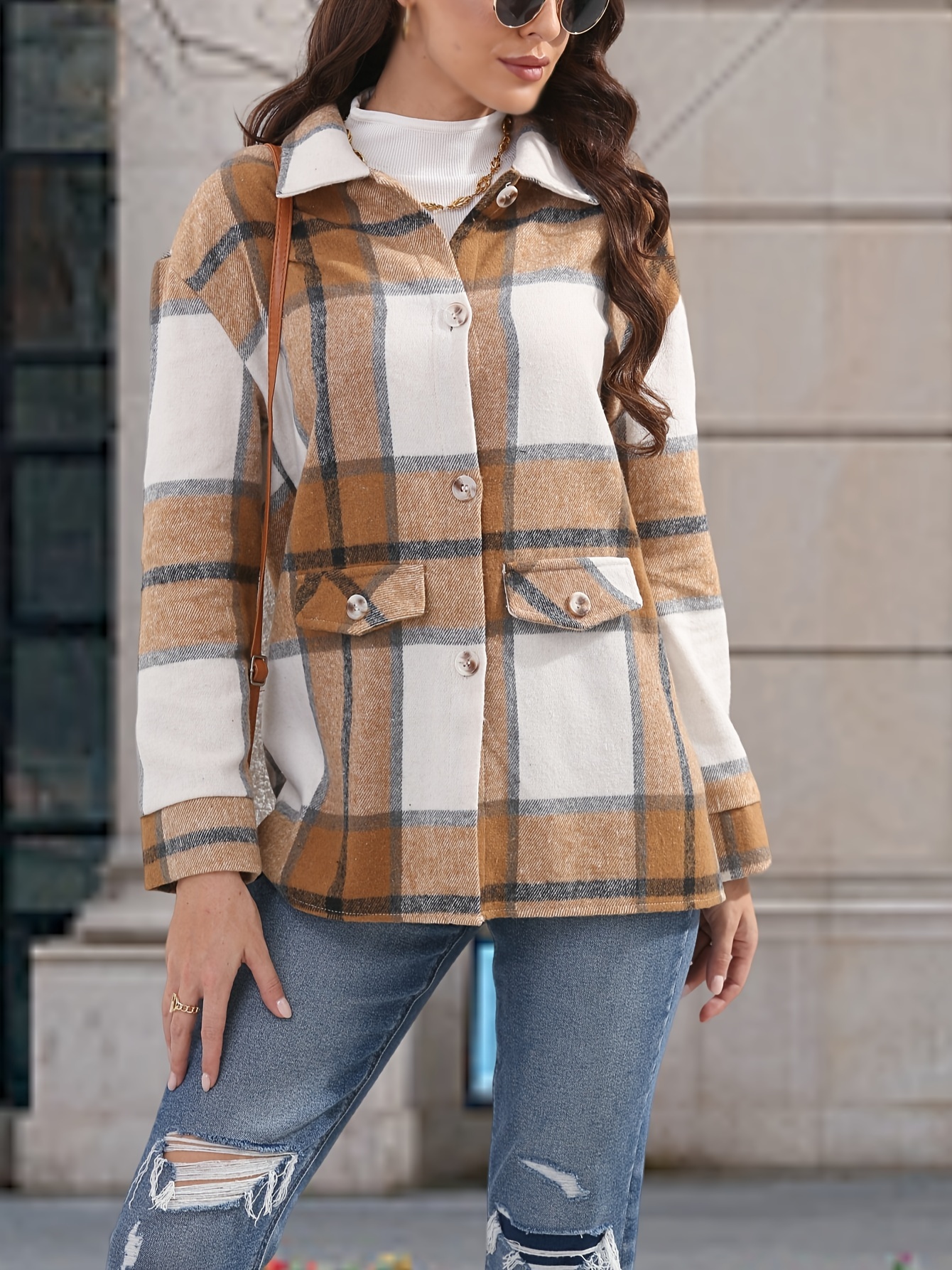 plaid print simple jacket casual button front long sleeve outerwear womens clothing details 5