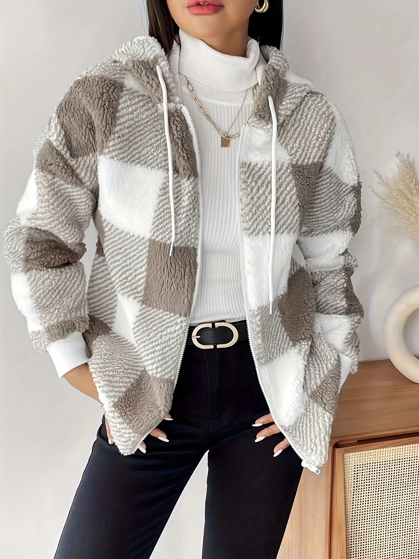 plaid print drawstring hooded teddy coat versatile zipper long sleeve winter outwear womens clothing details 4