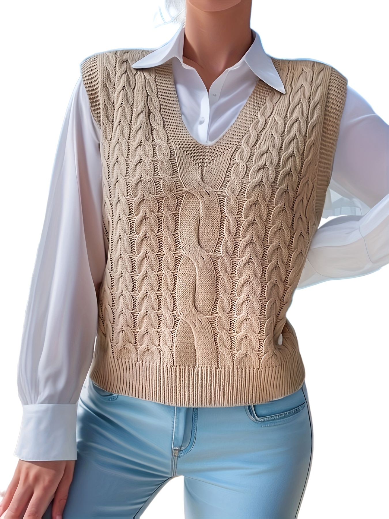 solid cable knit sweater vest casual v neck sleeveless vest womens clothing details 2