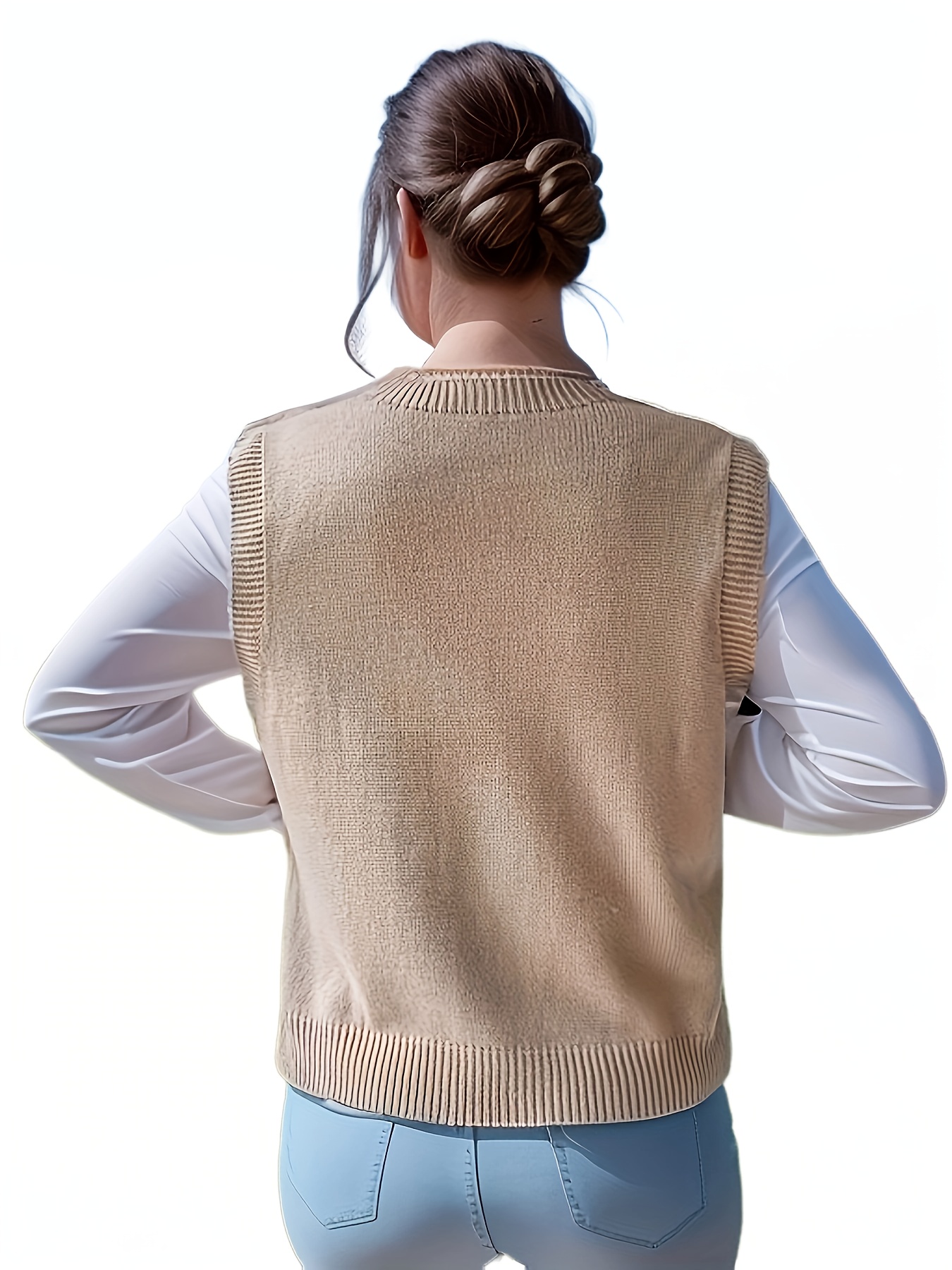 solid cable knit sweater vest casual v neck sleeveless vest womens clothing details 3