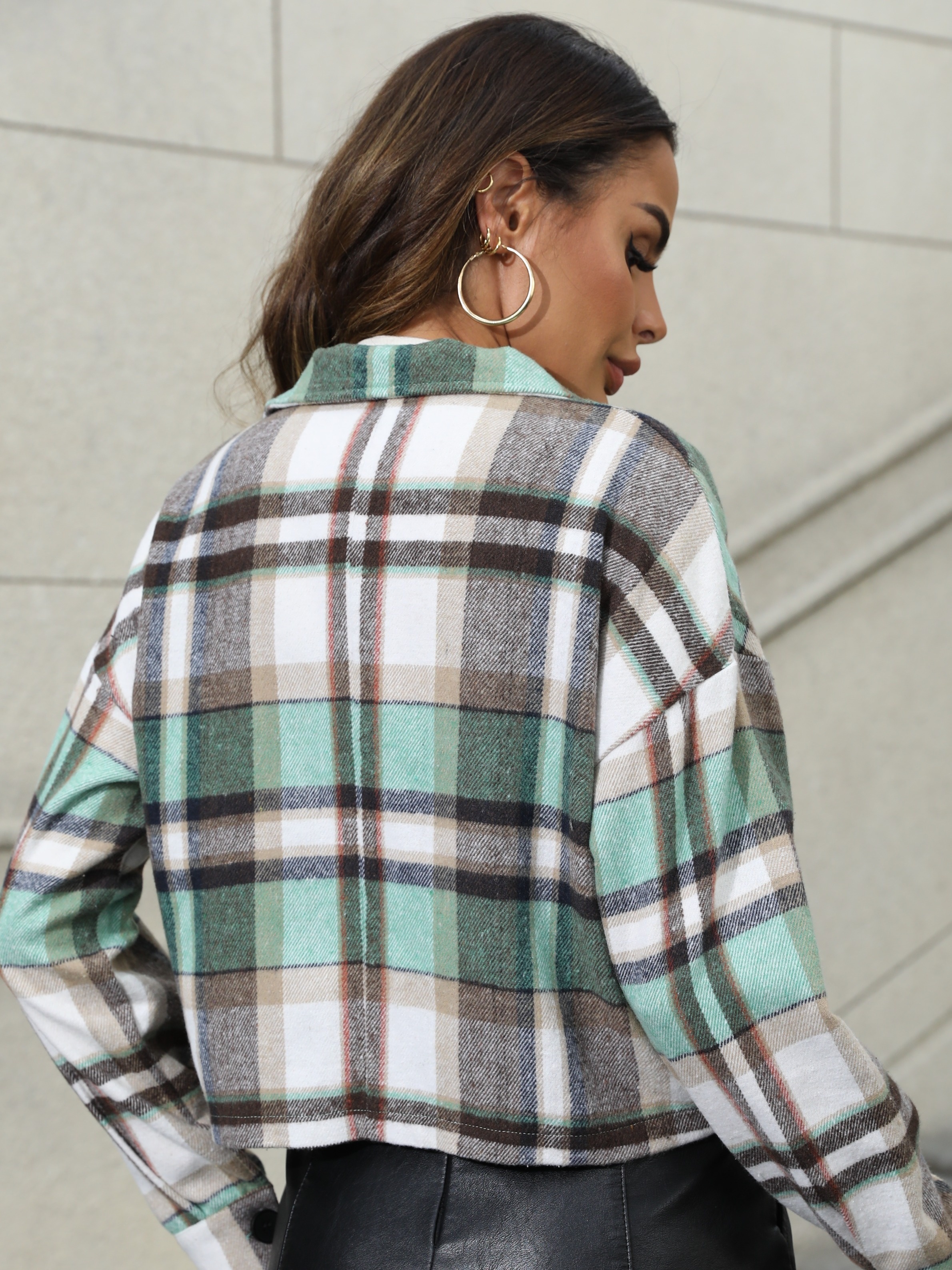 plaid flap pockets jacket casual drop shoulder single button jacket for spring fall womens clothing details 0