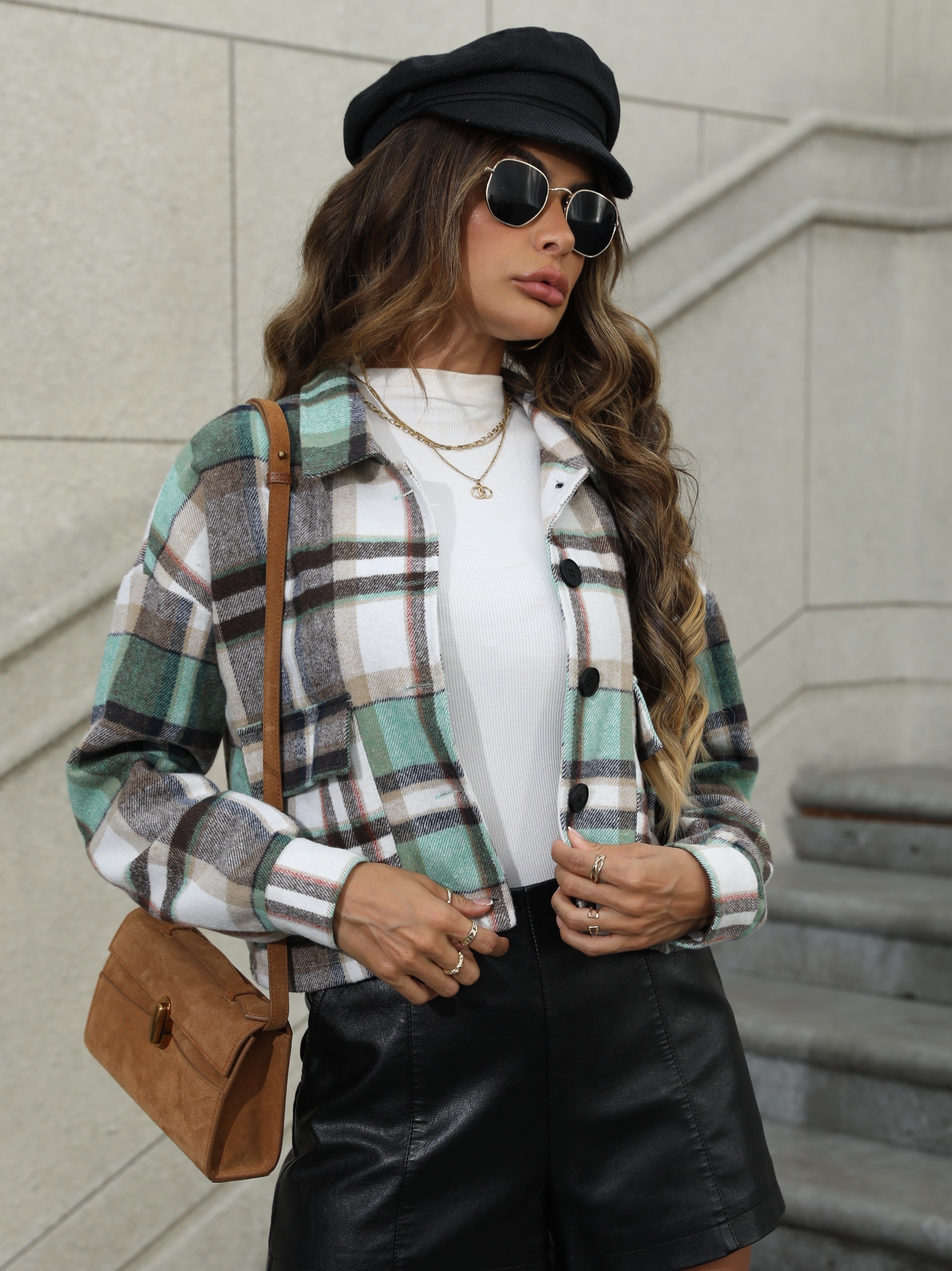 plaid flap pockets jacket casual drop shoulder single button jacket for spring fall womens clothing details 3