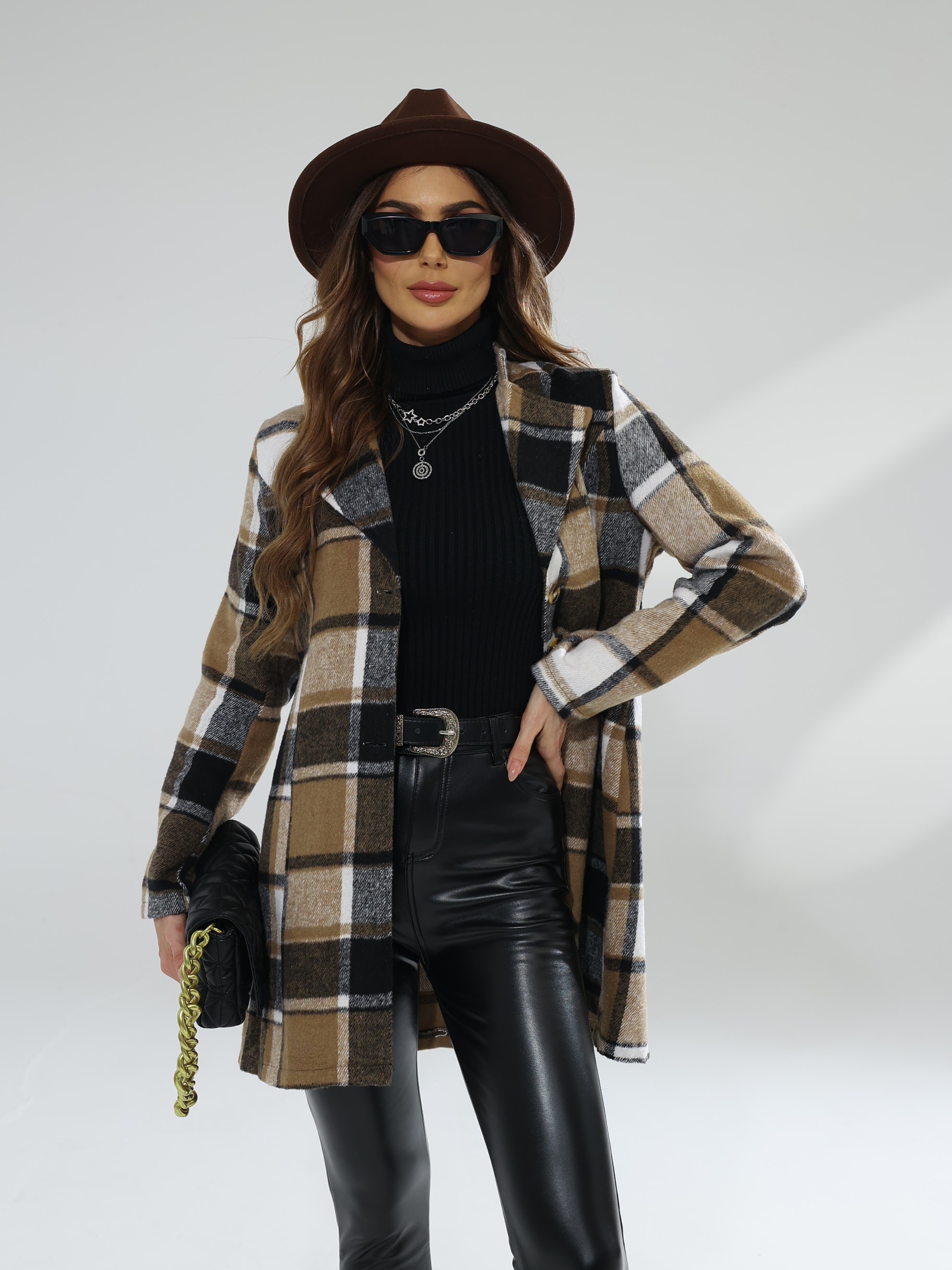 plaid pattern single breasted jacket casual lapel long sleeve overcoat for fall winter womens clothing details 1