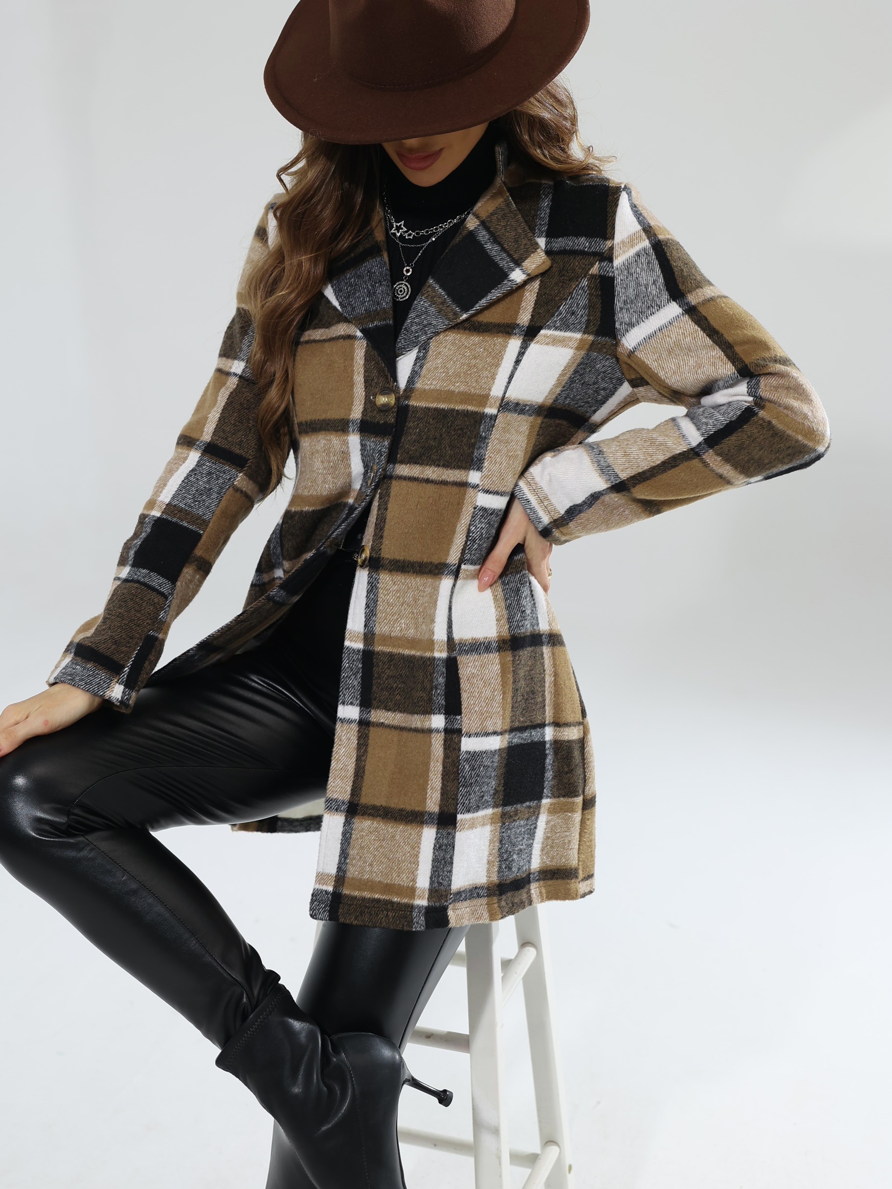 plaid pattern single breasted jacket casual lapel long sleeve overcoat for fall winter womens clothing details 2