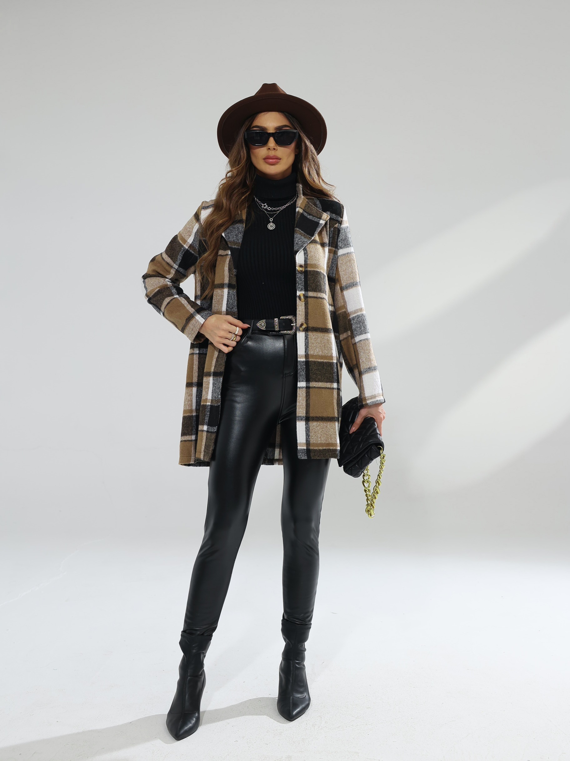 plaid pattern single breasted jacket casual lapel long sleeve overcoat for fall winter womens clothing details 3