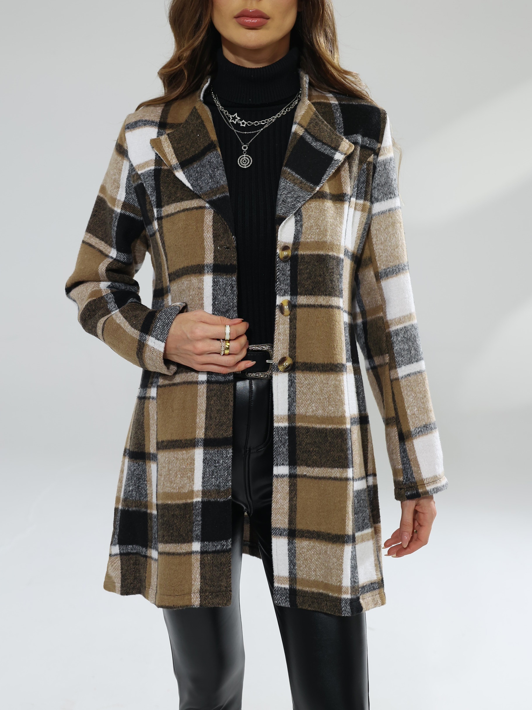 plaid pattern single breasted jacket casual lapel long sleeve overcoat for fall winter womens clothing details 4