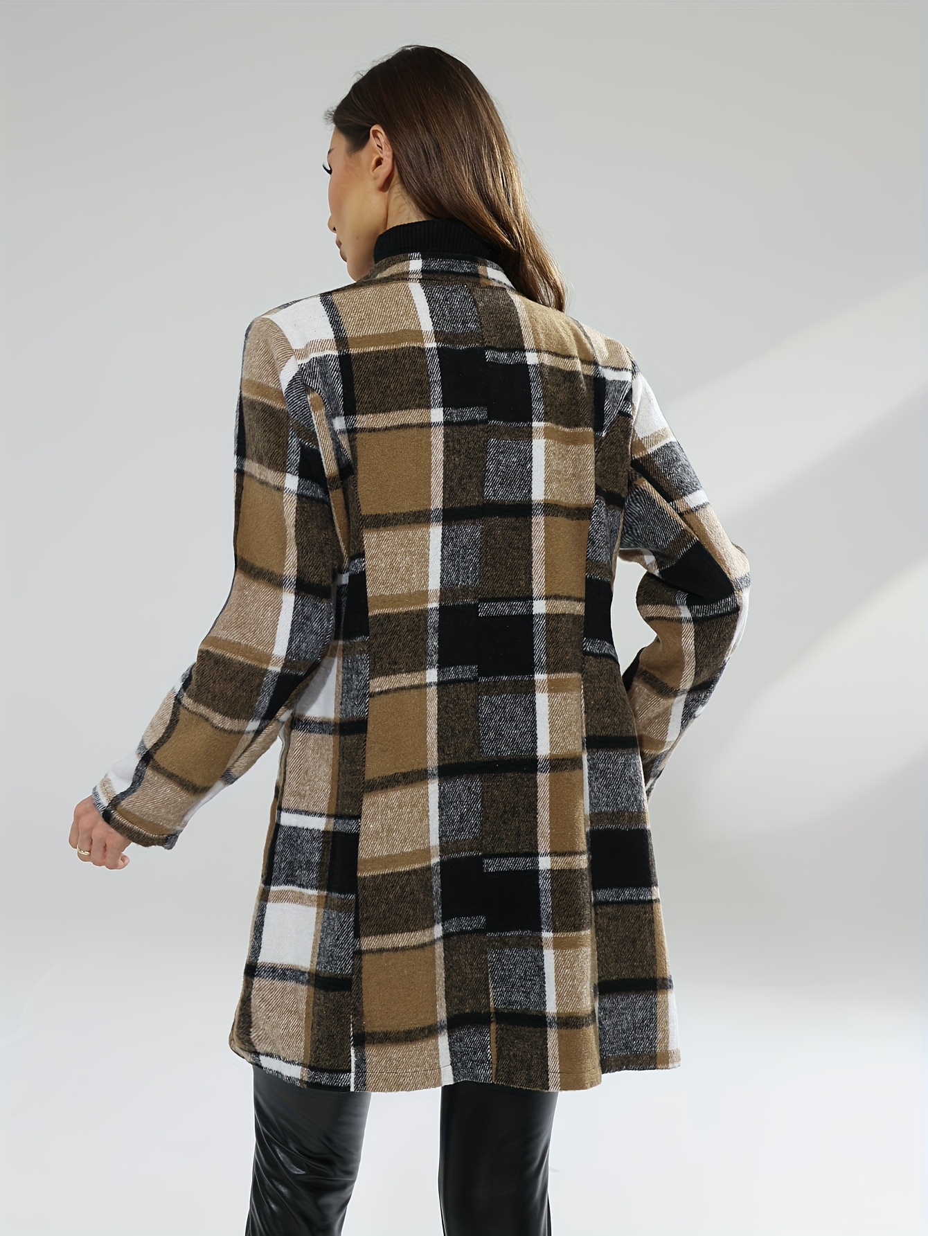 plaid pattern single breasted jacket casual lapel long sleeve overcoat for fall winter womens clothing details 5