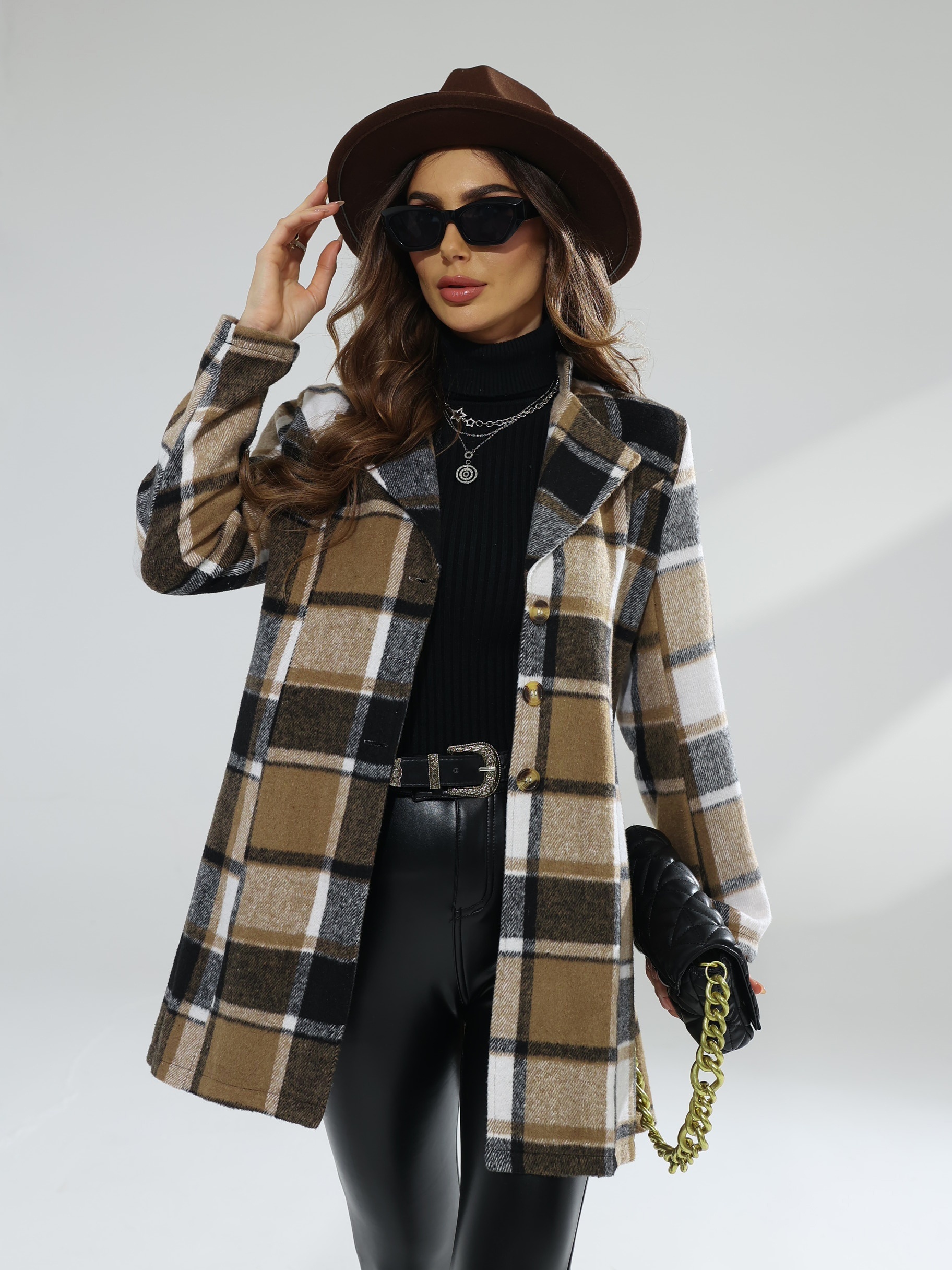 plaid pattern single breasted jacket casual lapel long sleeve overcoat for fall winter womens clothing details 6