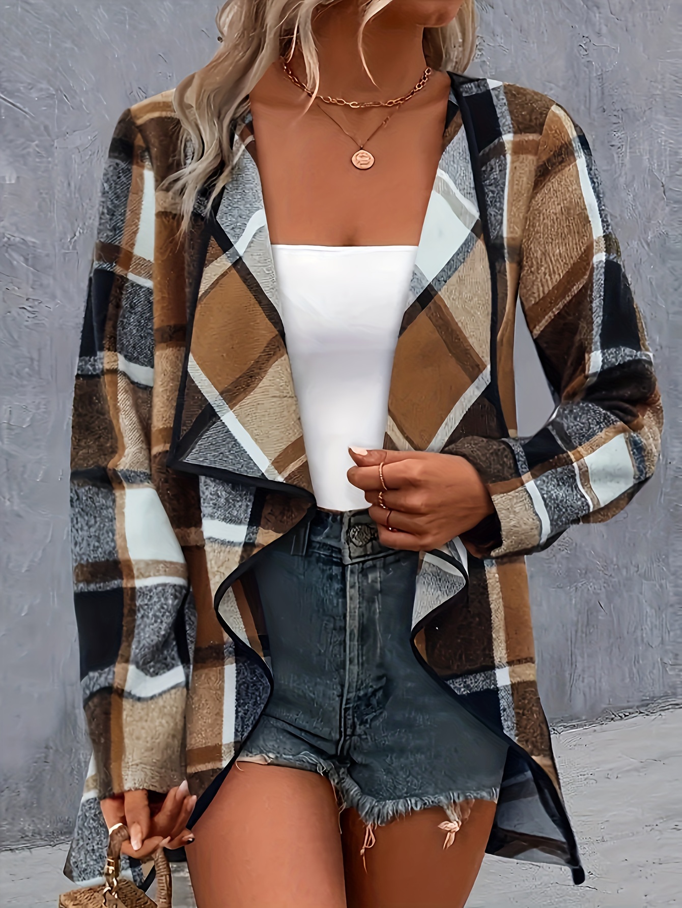 plaid print open front coat casual long sleeve ruffle outerwear womens clothing details 0