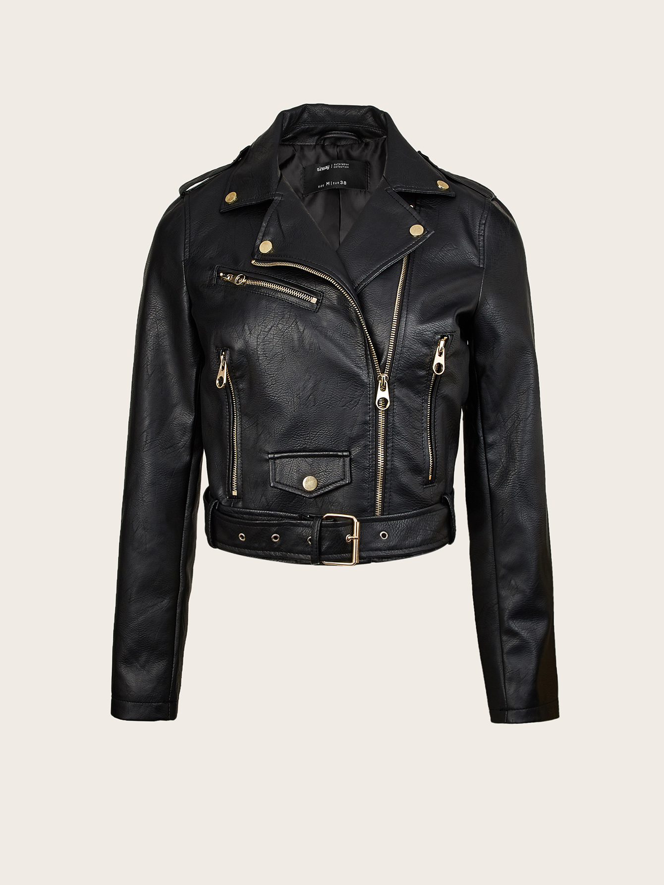 cropped classic biker motorcycle jacket in black   pu with asymmetrical zip and belted waist details 0