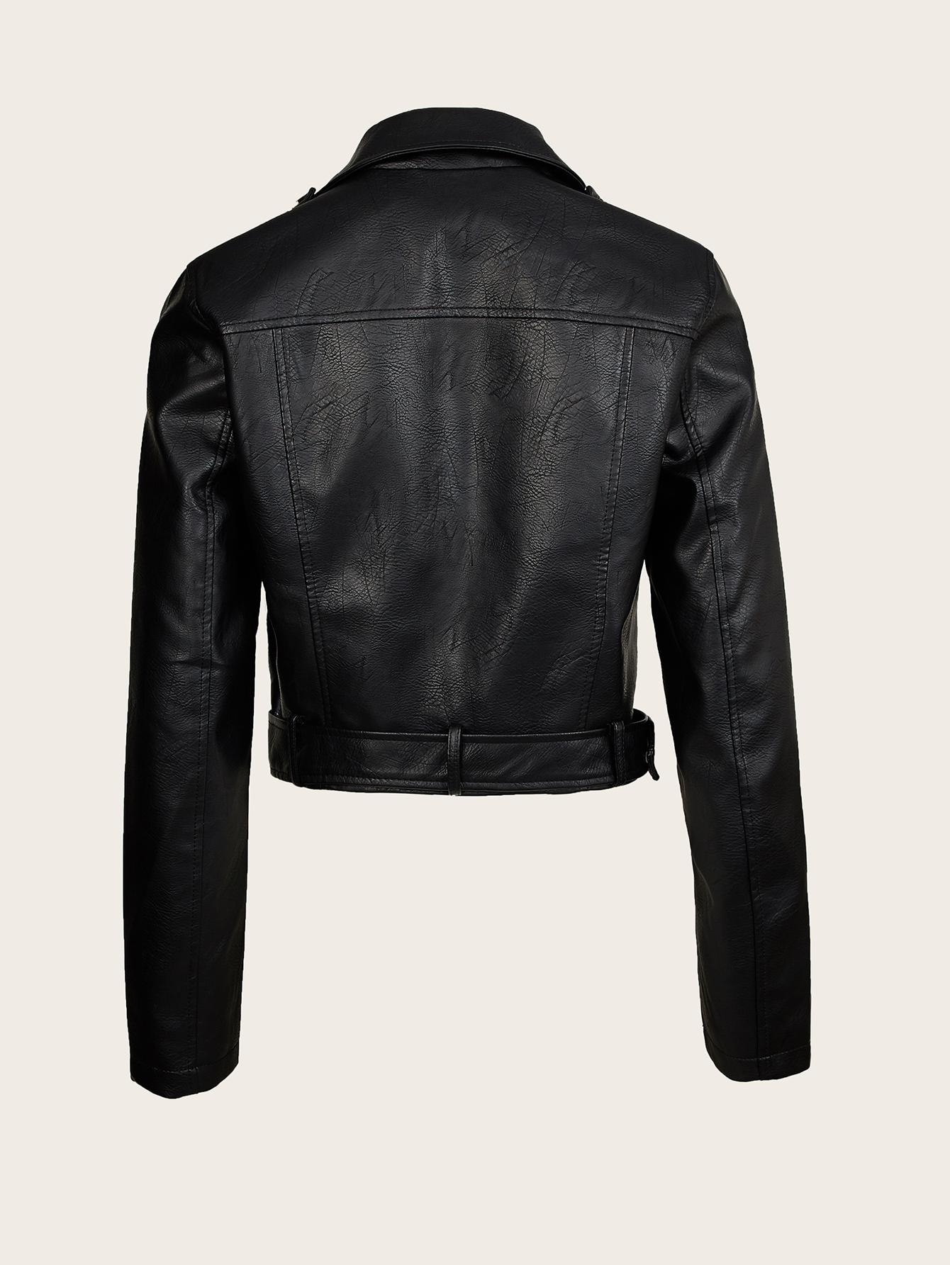 cropped classic biker motorcycle jacket in black   pu with asymmetrical zip and belted waist details 1