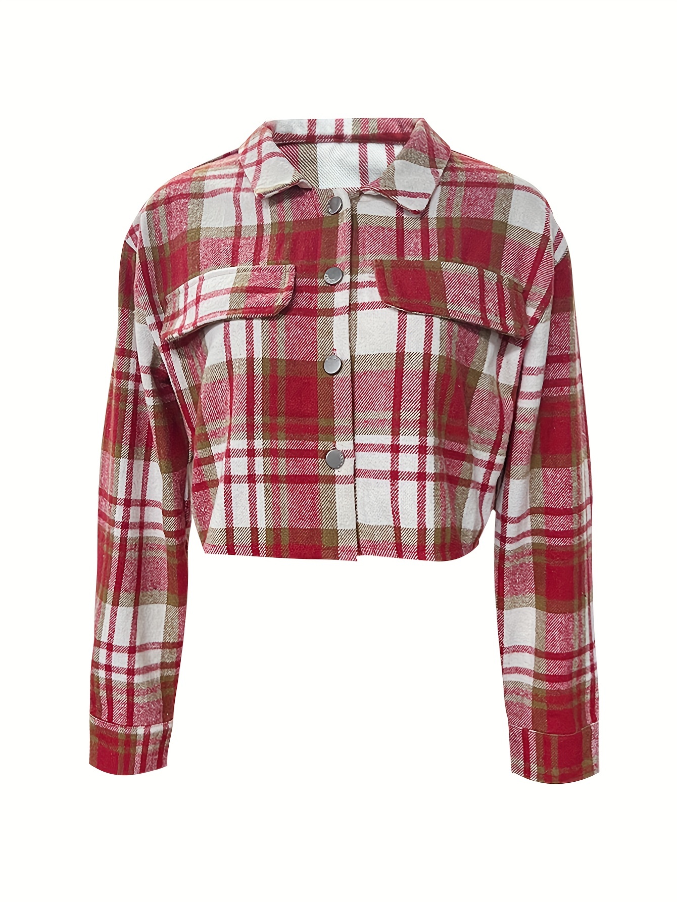 plaid print cropped jacket casual button front long sleeve outerwear womens clothing details 7