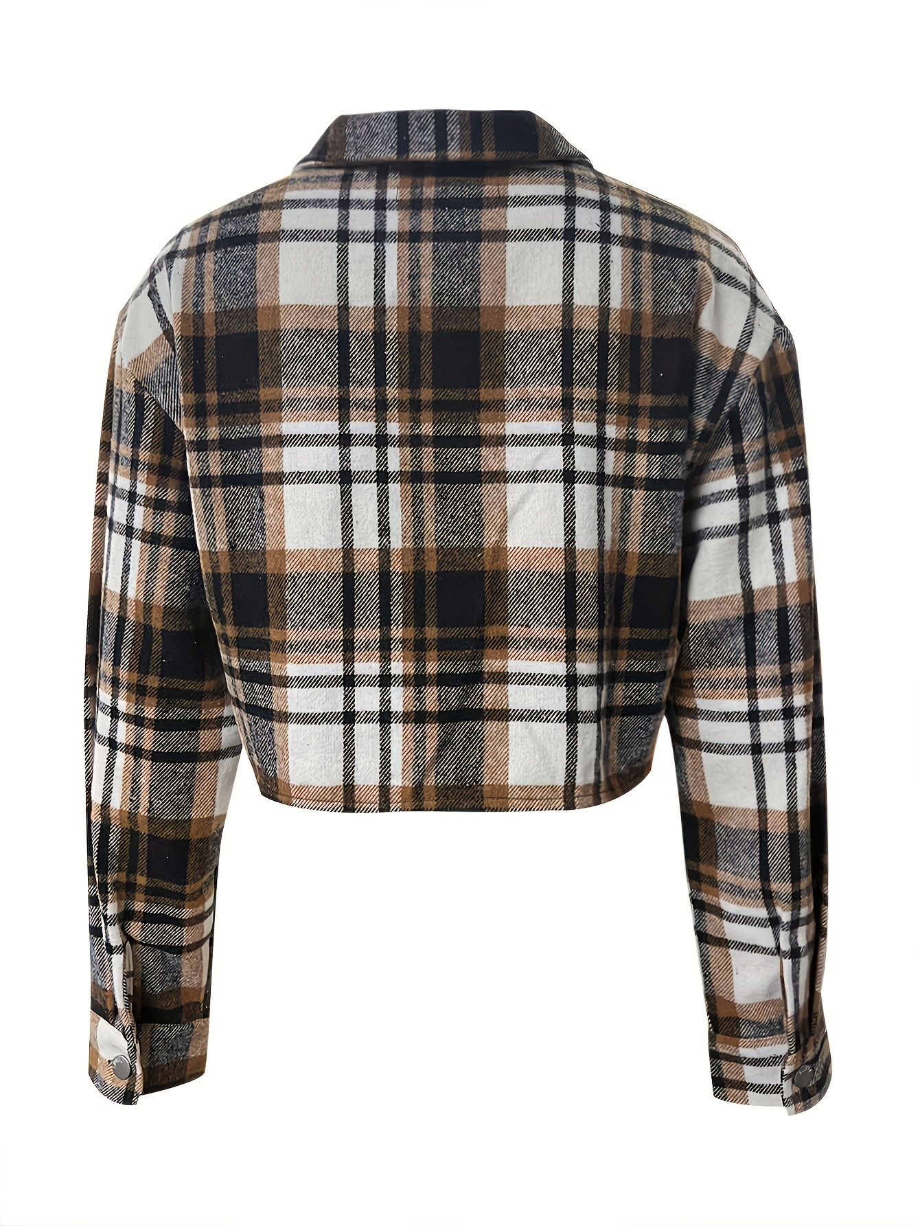 plaid print cropped jacket casual button front long sleeve outerwear womens clothing details 14