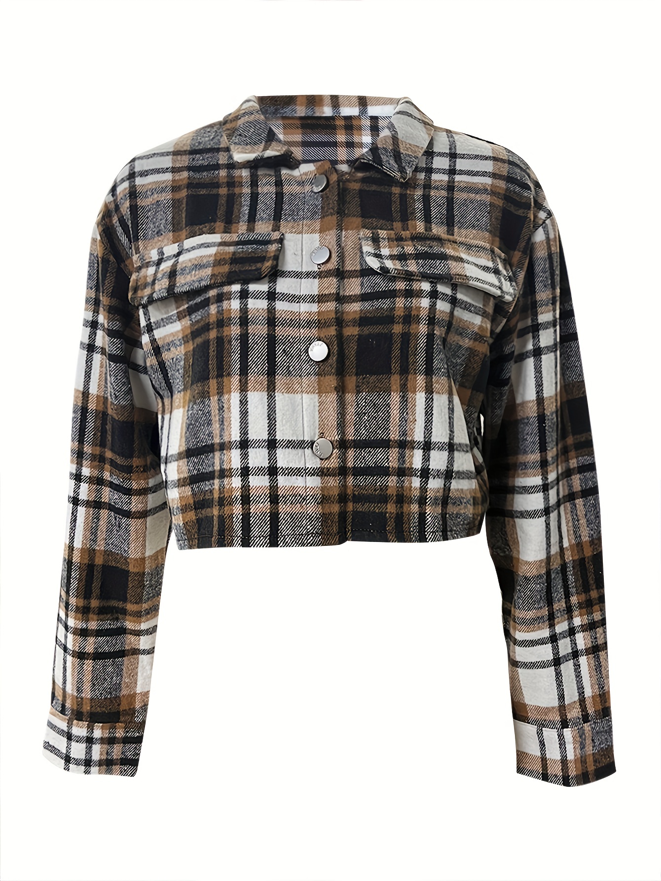 plaid print cropped jacket casual button front long sleeve outerwear womens clothing details 15