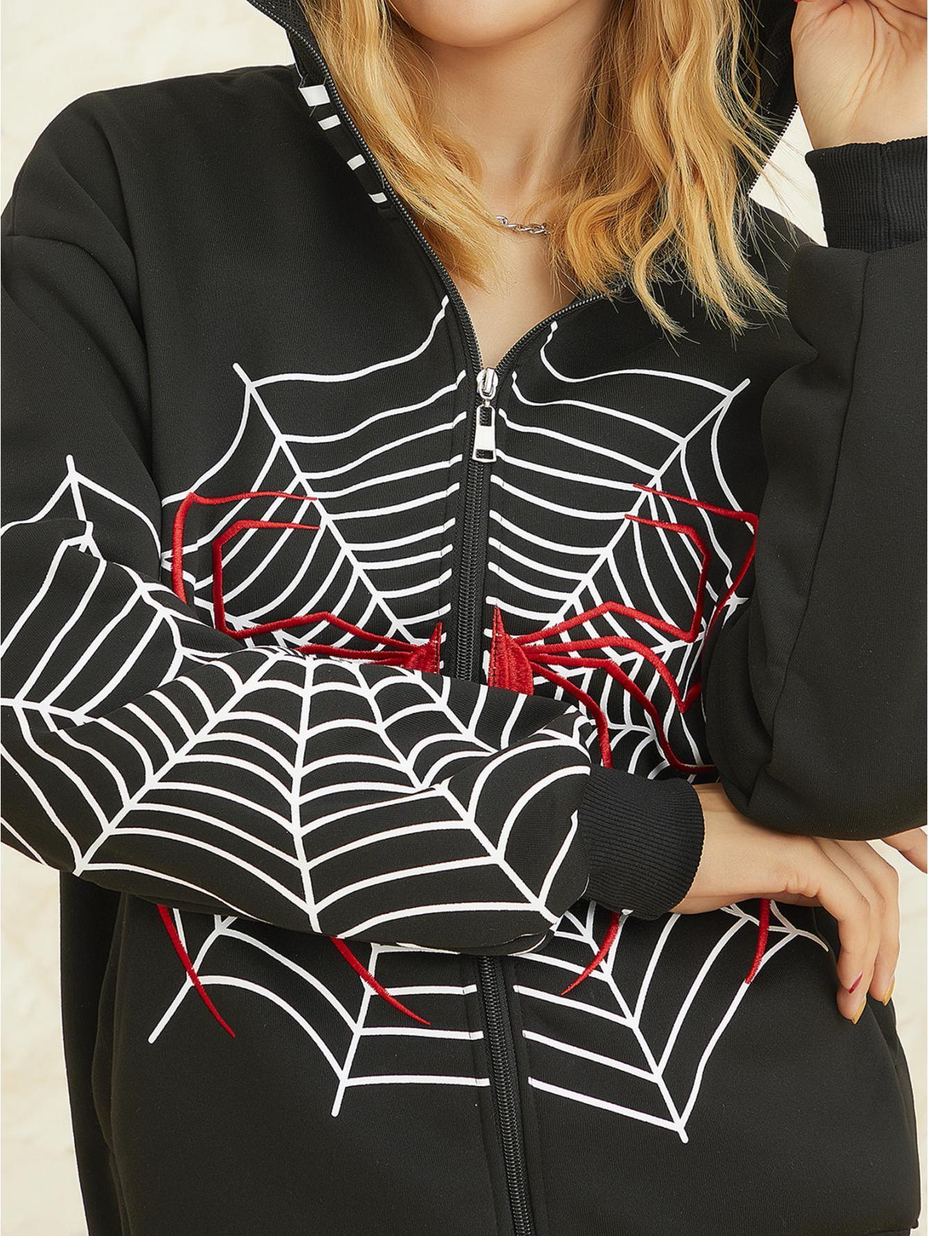 women hoodie sweatshirt casual spider web print long sleeve zip up jacket autumn streetwear details 1