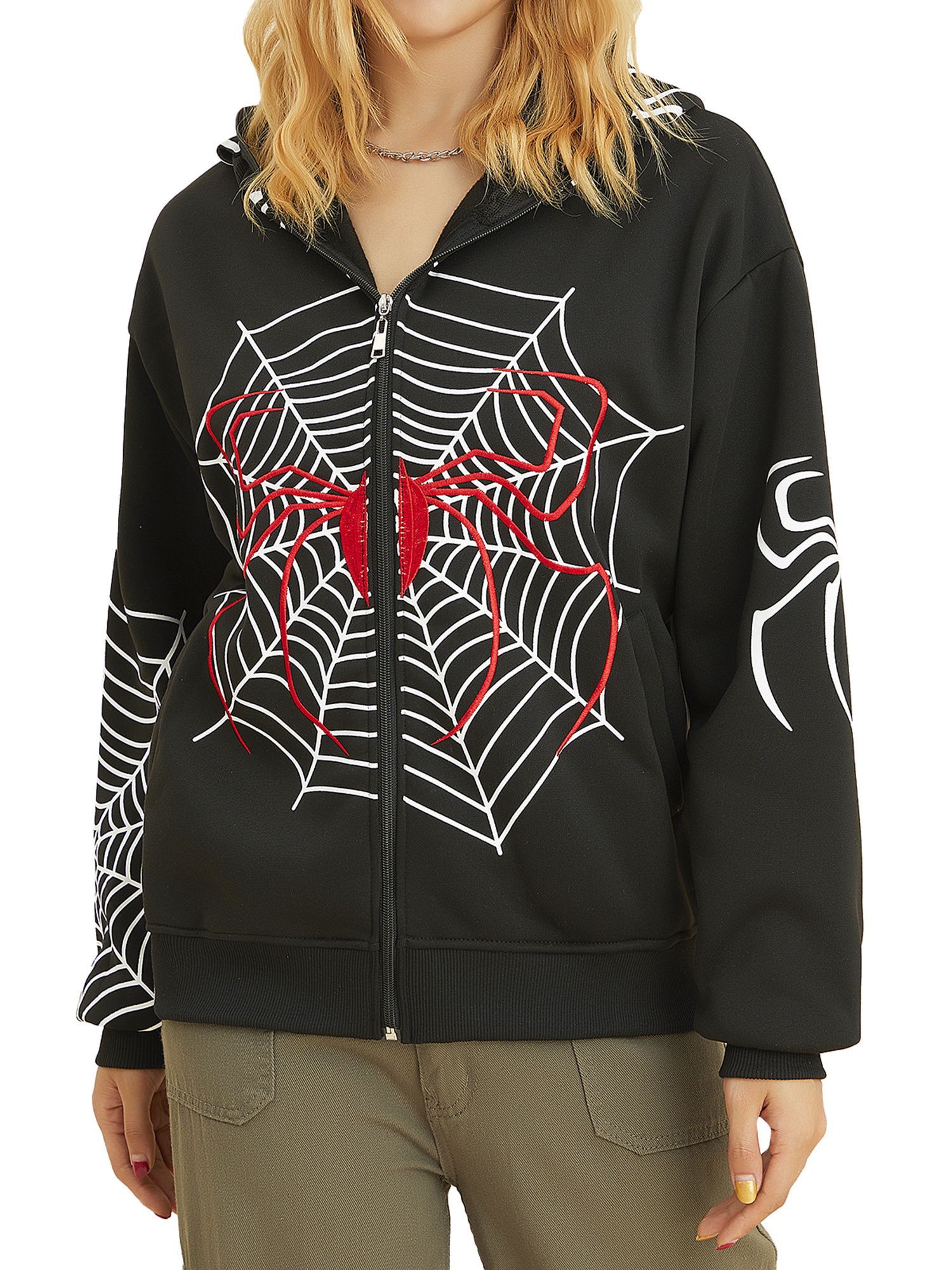 women hoodie sweatshirt casual spider web print long sleeve zip up jacket autumn streetwear details 2