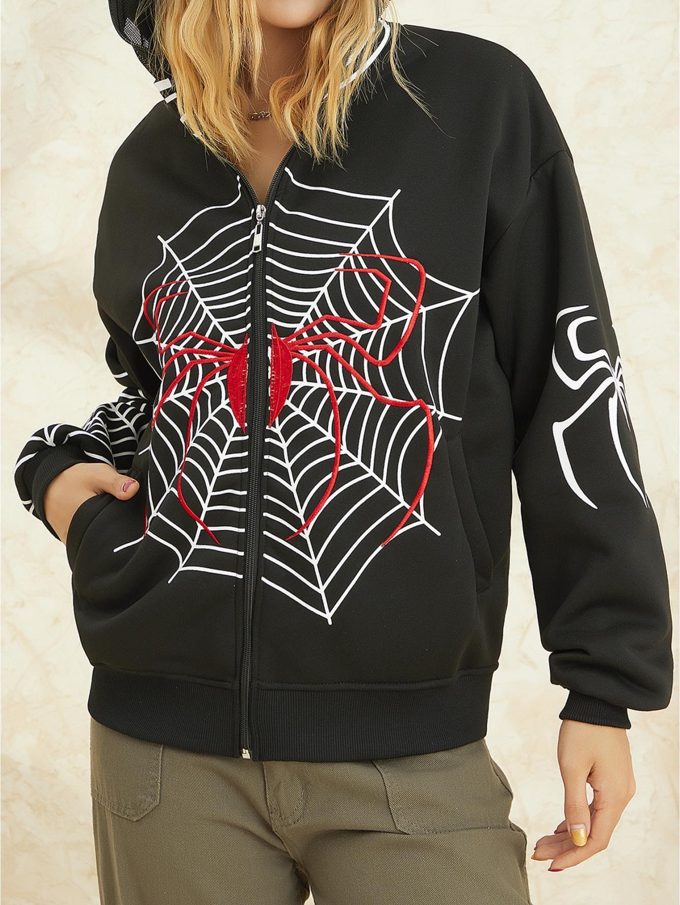 women hoodie sweatshirt casual spider web print long sleeve zip up jacket autumn streetwear details 3