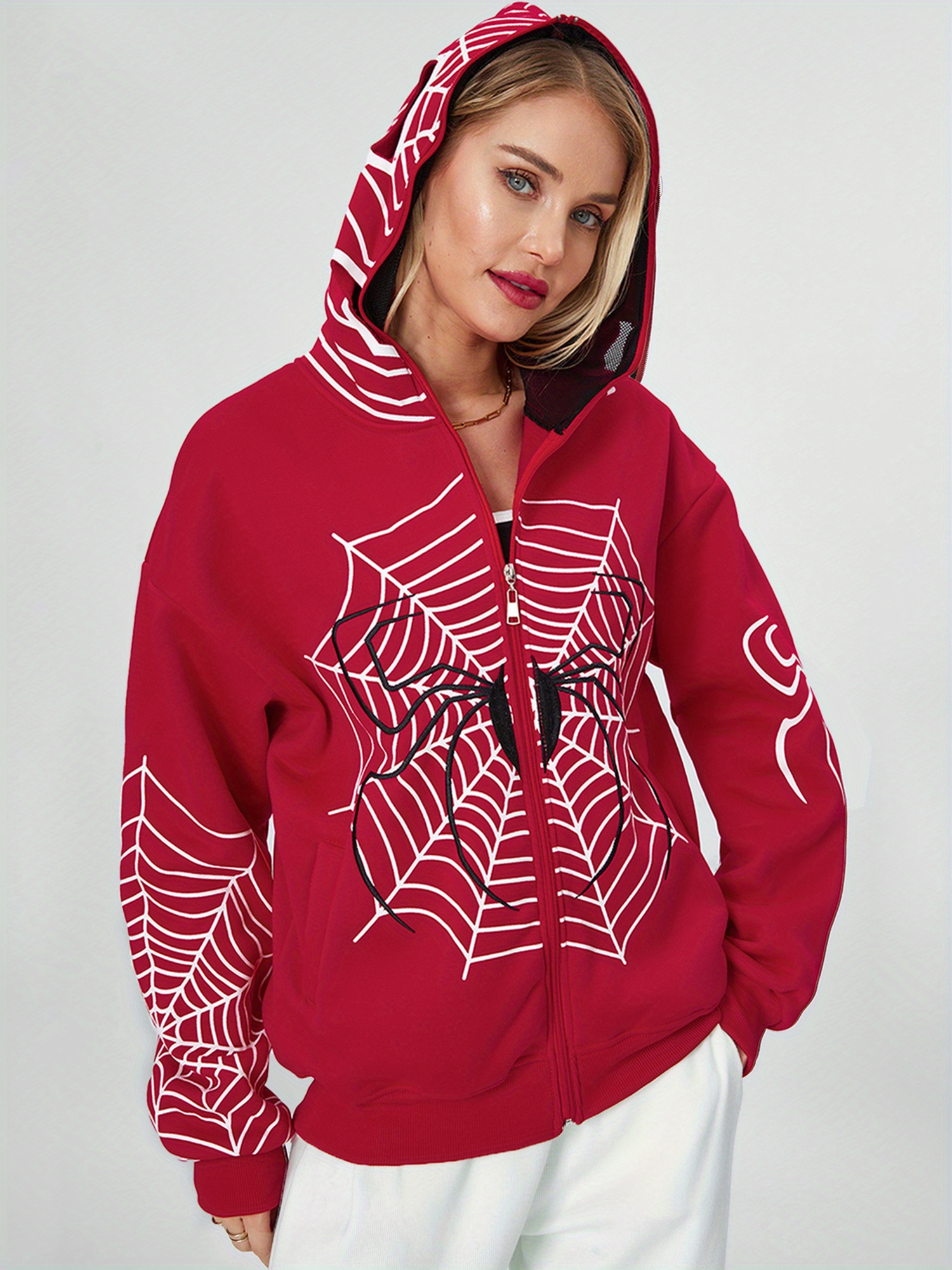 women hoodie sweatshirt casual spider web print long sleeve zip up jacket autumn streetwear details 8