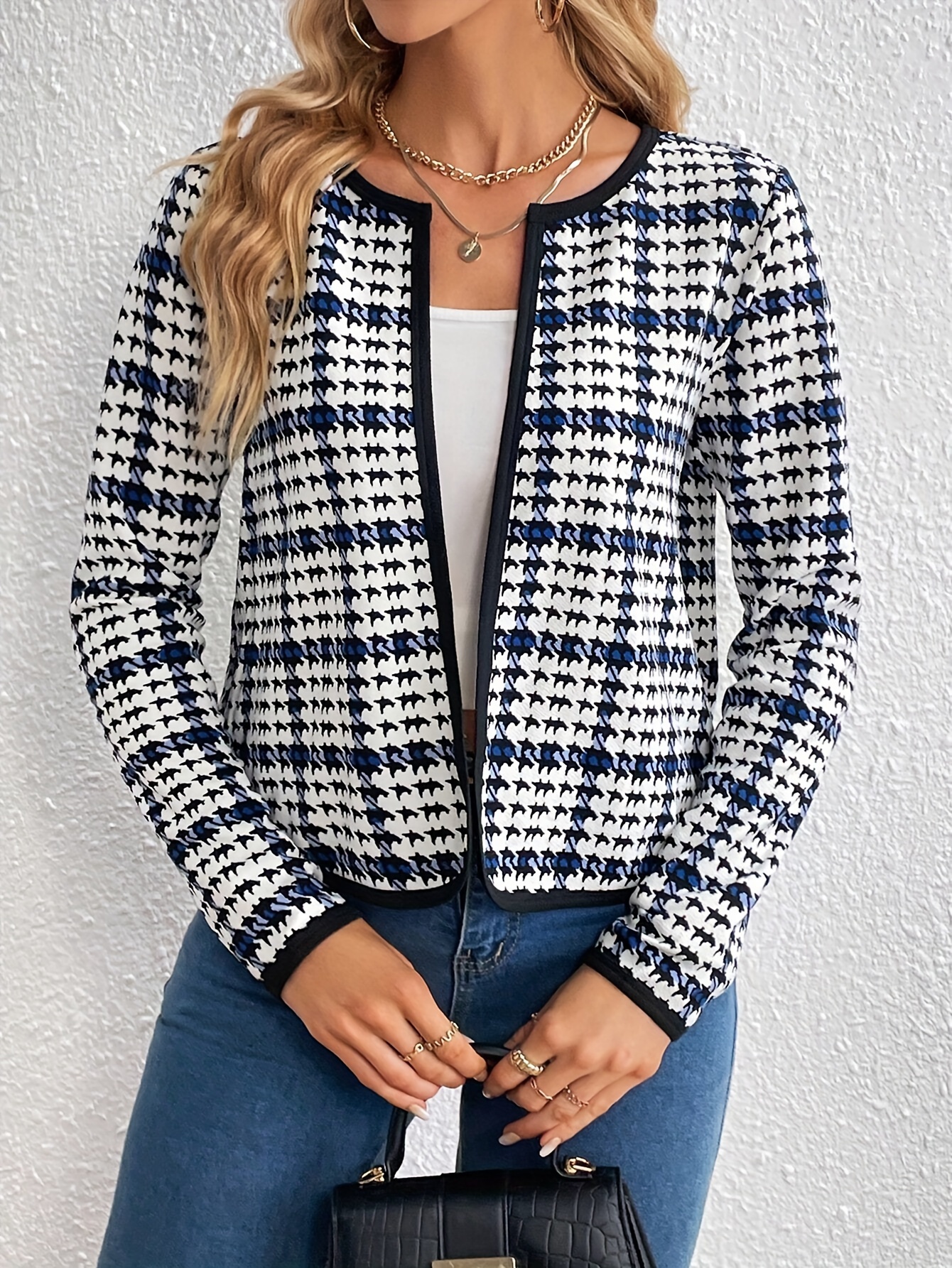 houndstooth print open front jacket elegant long sleeve jacket for spring fall womens clothing details 0