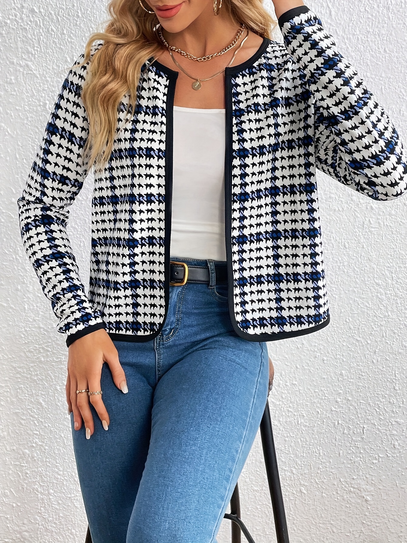 houndstooth print open front jacket elegant long sleeve jacket for spring fall womens clothing details 4