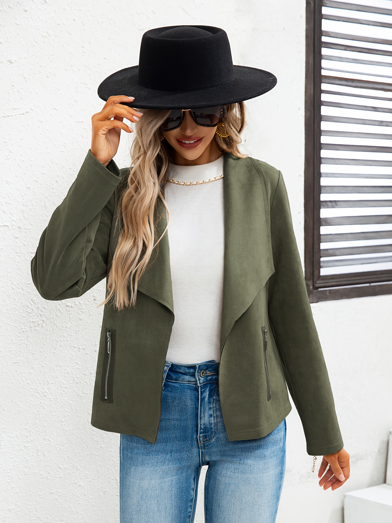 solid lapel open front jacket versatile long sleeve slant zipper pockets jacket womens clothing details 0