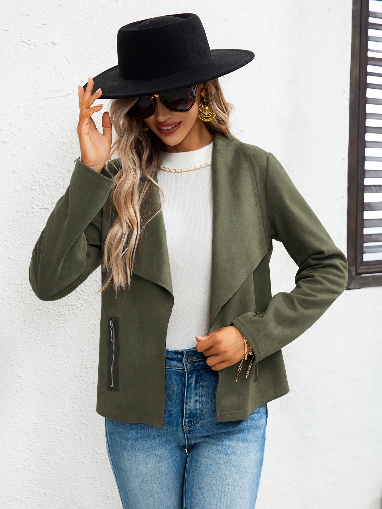 solid lapel open front jacket versatile long sleeve slant zipper pockets jacket womens clothing details 1