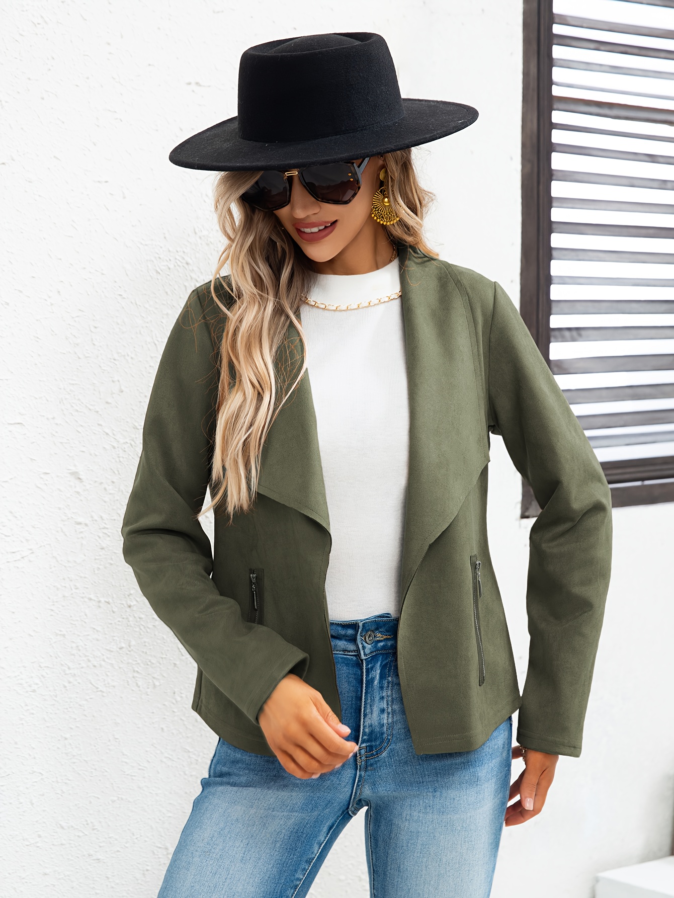 solid lapel open front jacket versatile long sleeve slant zipper pockets jacket womens clothing details 2