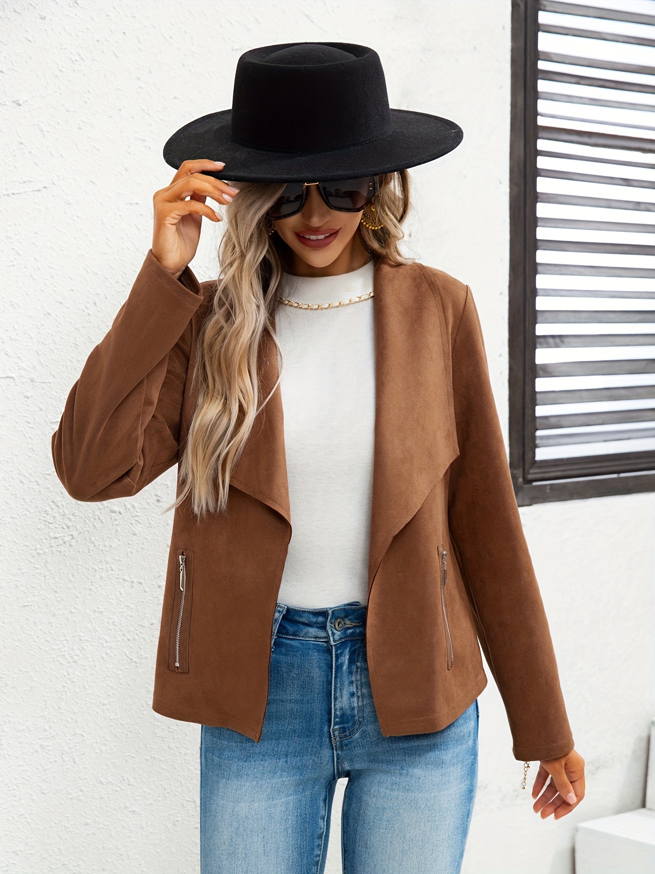 solid lapel open front jacket versatile long sleeve slant zipper pockets jacket womens clothing details 6