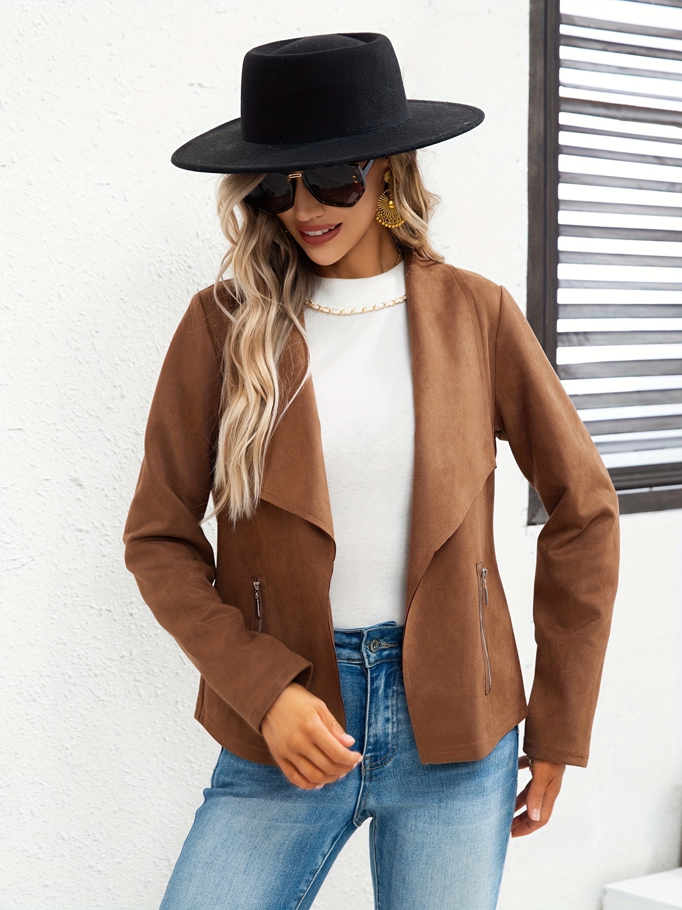 solid lapel open front jacket versatile long sleeve slant zipper pockets jacket womens clothing details 9