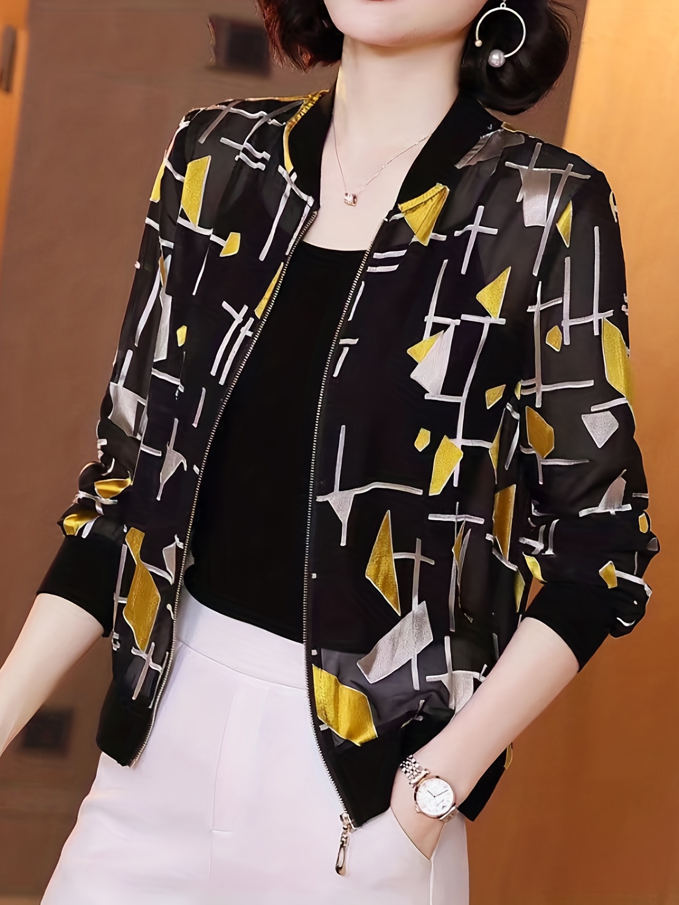 geo print bomber jacket casual zip up long sleeve outerwear womens clothing details 1