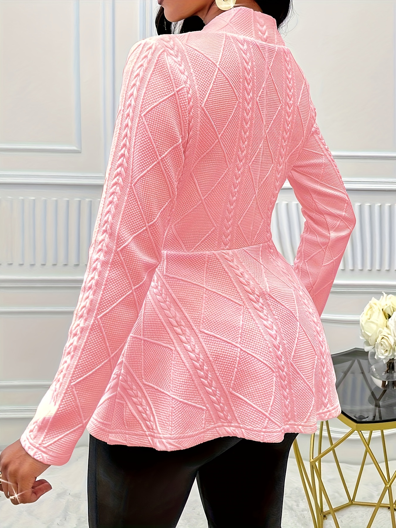 textured beaded button v neck jacket elegant long sleeve ruffle hem outwear for spring fall womens clothing details 4