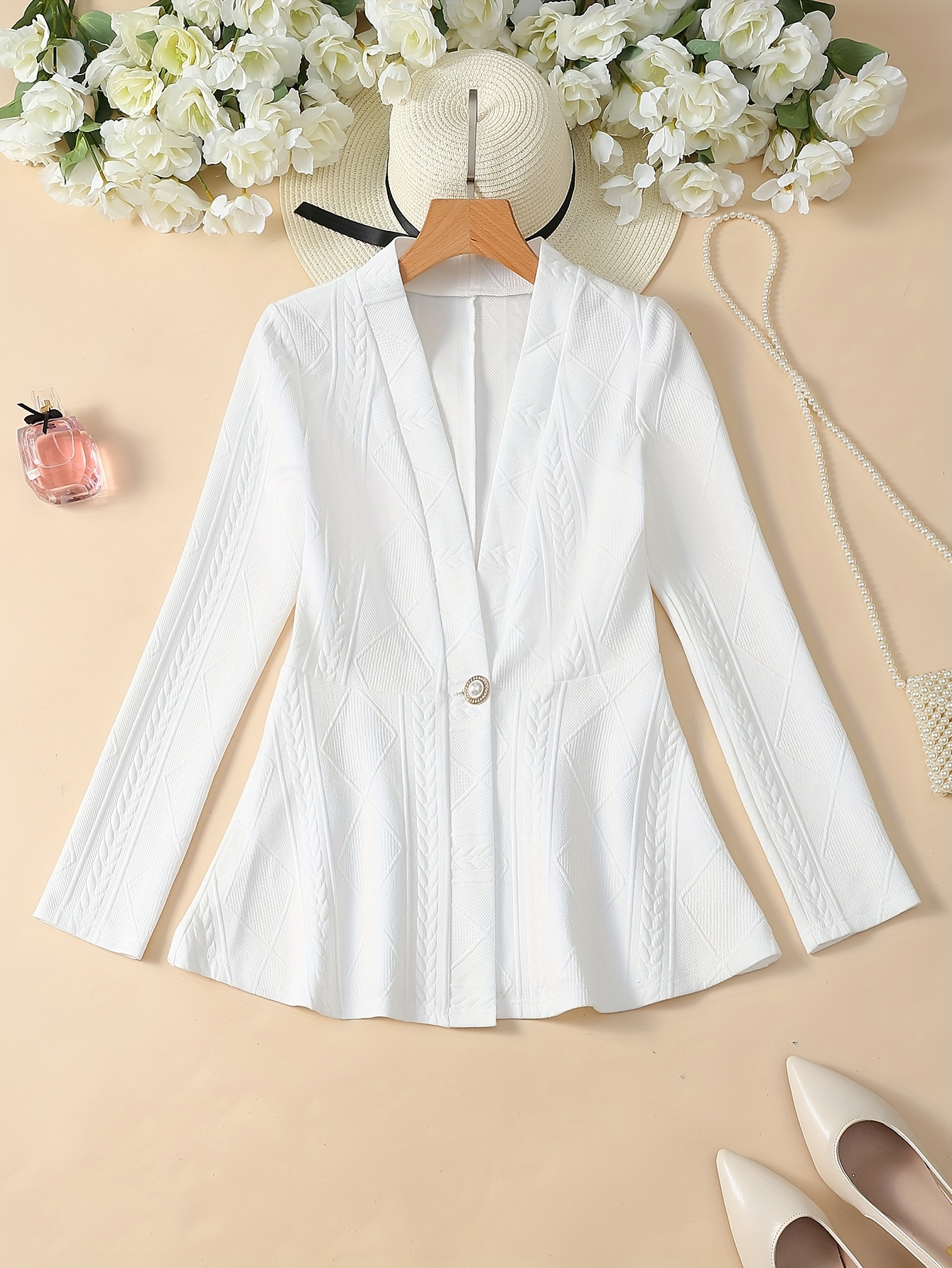 textured beaded button v neck jacket elegant long sleeve ruffle hem outwear for spring fall womens clothing details 15