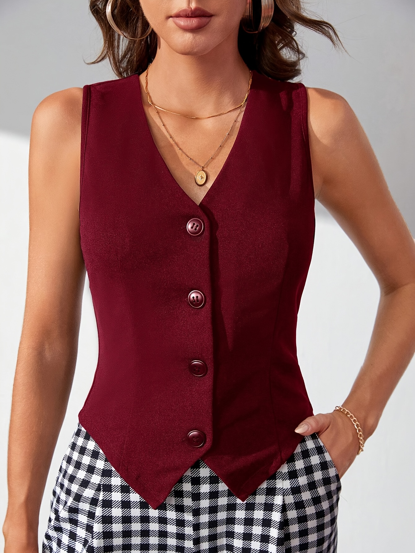 single breasted v neck vest elegant solid color sleeveless outerwear womens clothing details 0