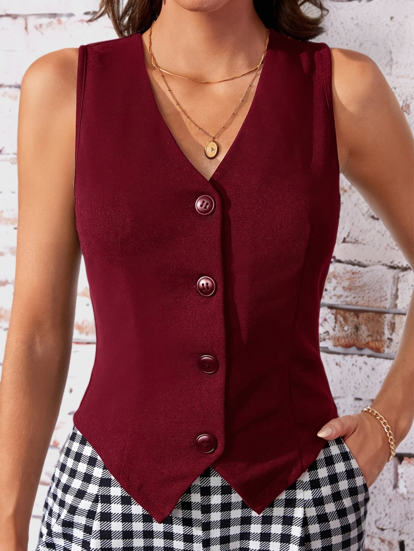 single breasted v neck vest elegant solid color sleeveless outerwear womens clothing details 2