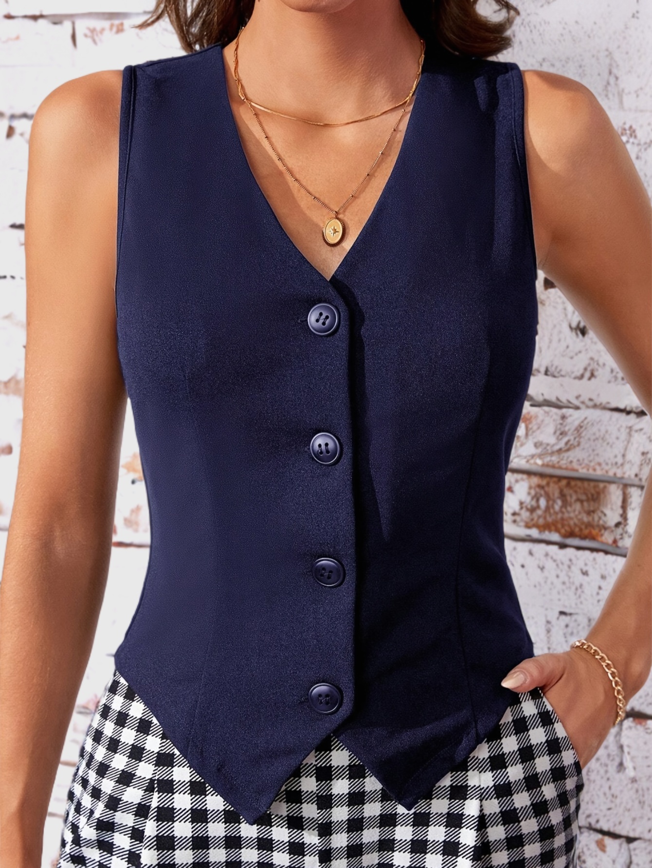 single breasted v neck vest elegant solid color sleeveless outerwear womens clothing details 8