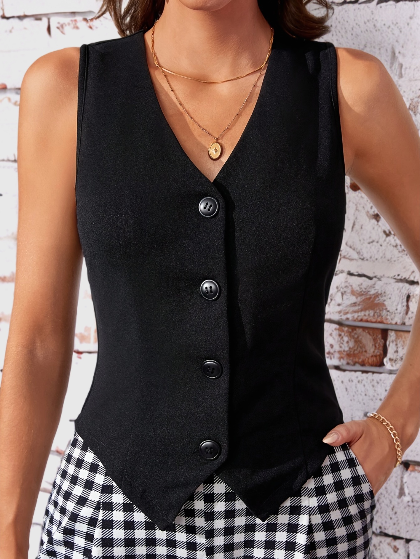 single breasted v neck vest elegant solid color sleeveless outerwear womens clothing details 14