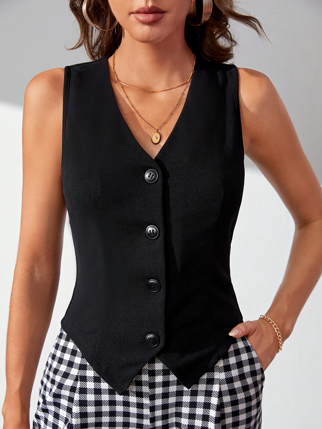 single breasted v neck vest elegant solid color sleeveless outerwear womens clothing details 15