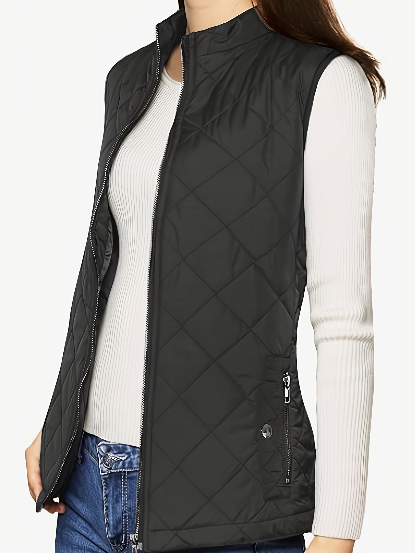 argyle pattern sleeveless vest casual zip up solid vest womens clothing details 5