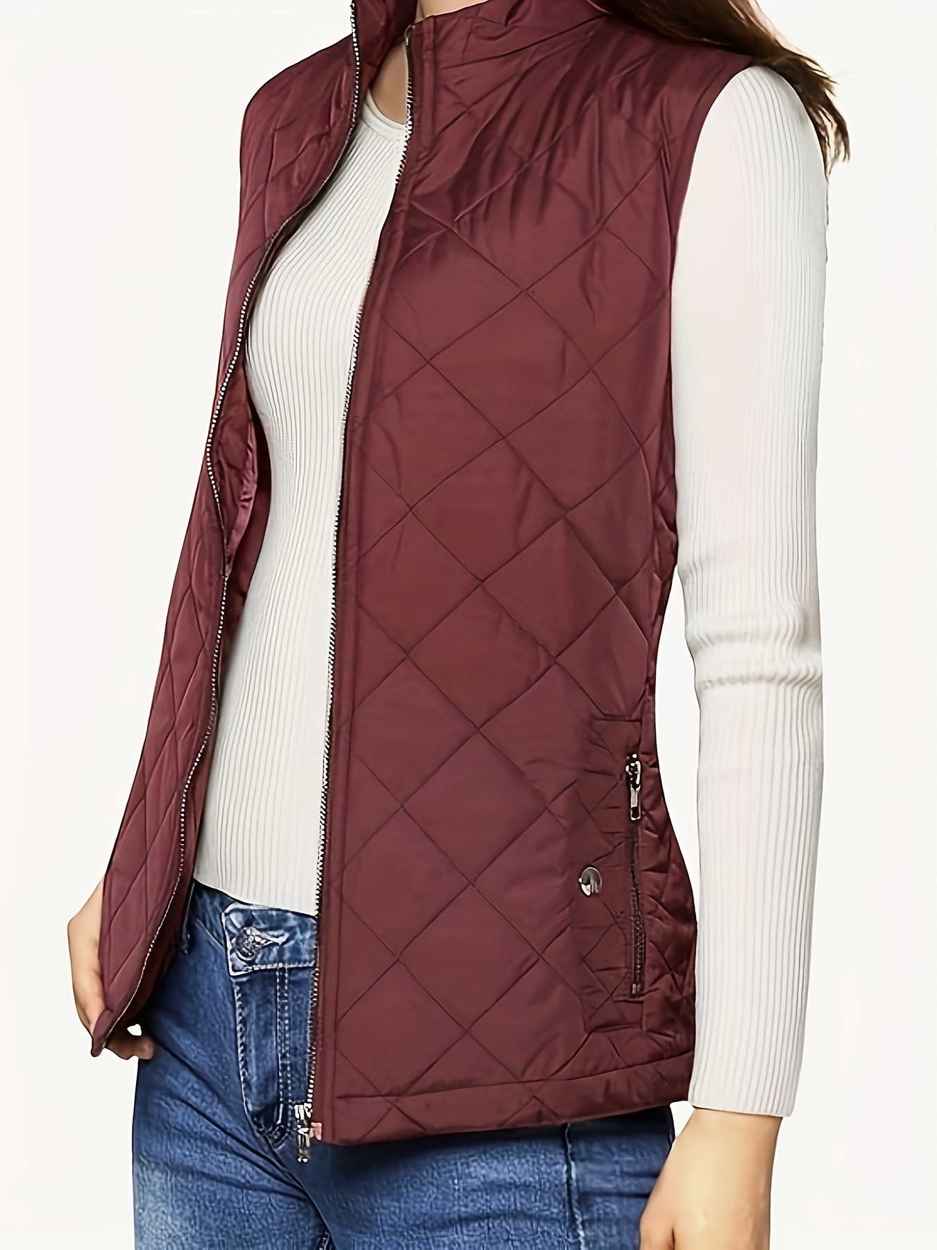 argyle pattern sleeveless vest casual zip up solid vest womens clothing details 10