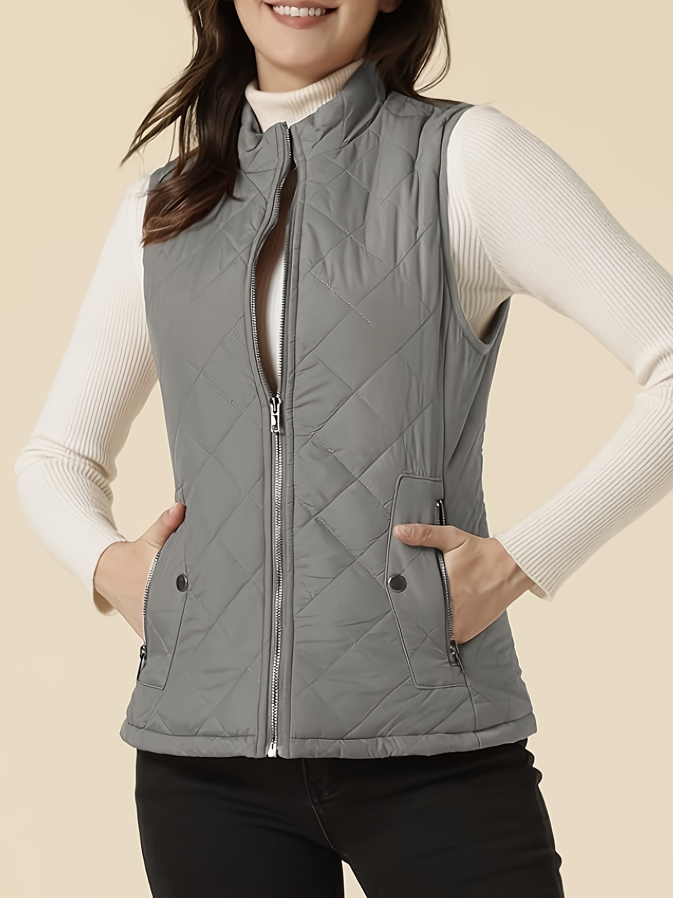 argyle pattern sleeveless vest casual zip up solid vest womens clothing details 15