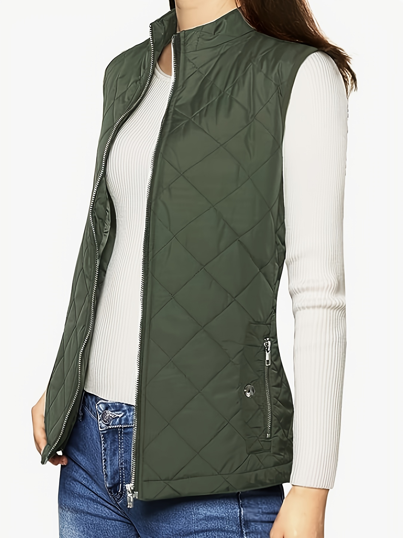 argyle pattern sleeveless vest casual zip up solid vest womens clothing details 20