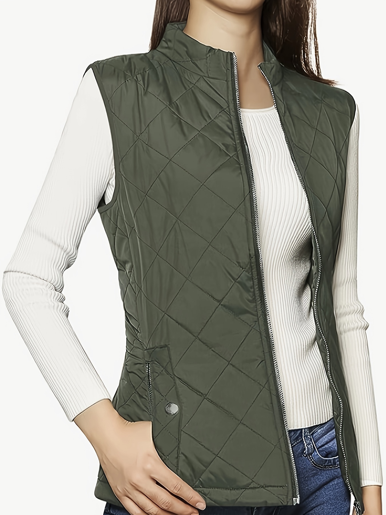 argyle pattern sleeveless vest casual zip up solid vest womens clothing details 24