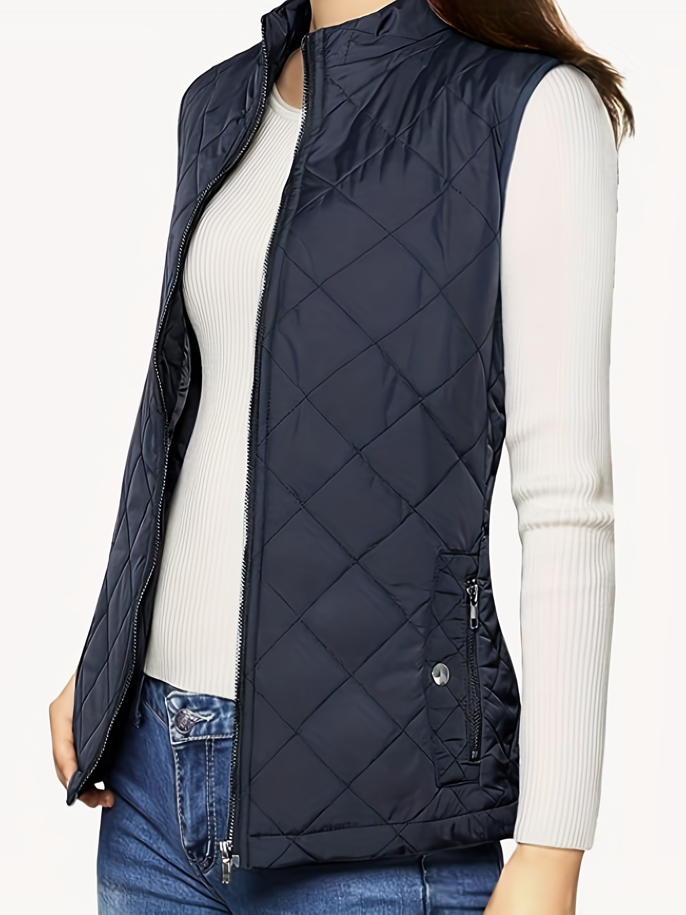 argyle pattern sleeveless vest casual zip up solid vest womens clothing details 25