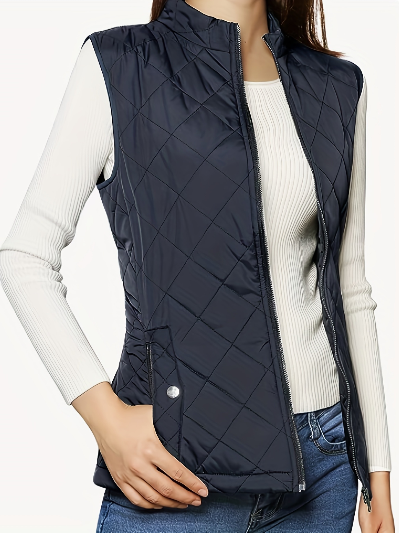 argyle pattern sleeveless vest casual zip up solid vest womens clothing details 29