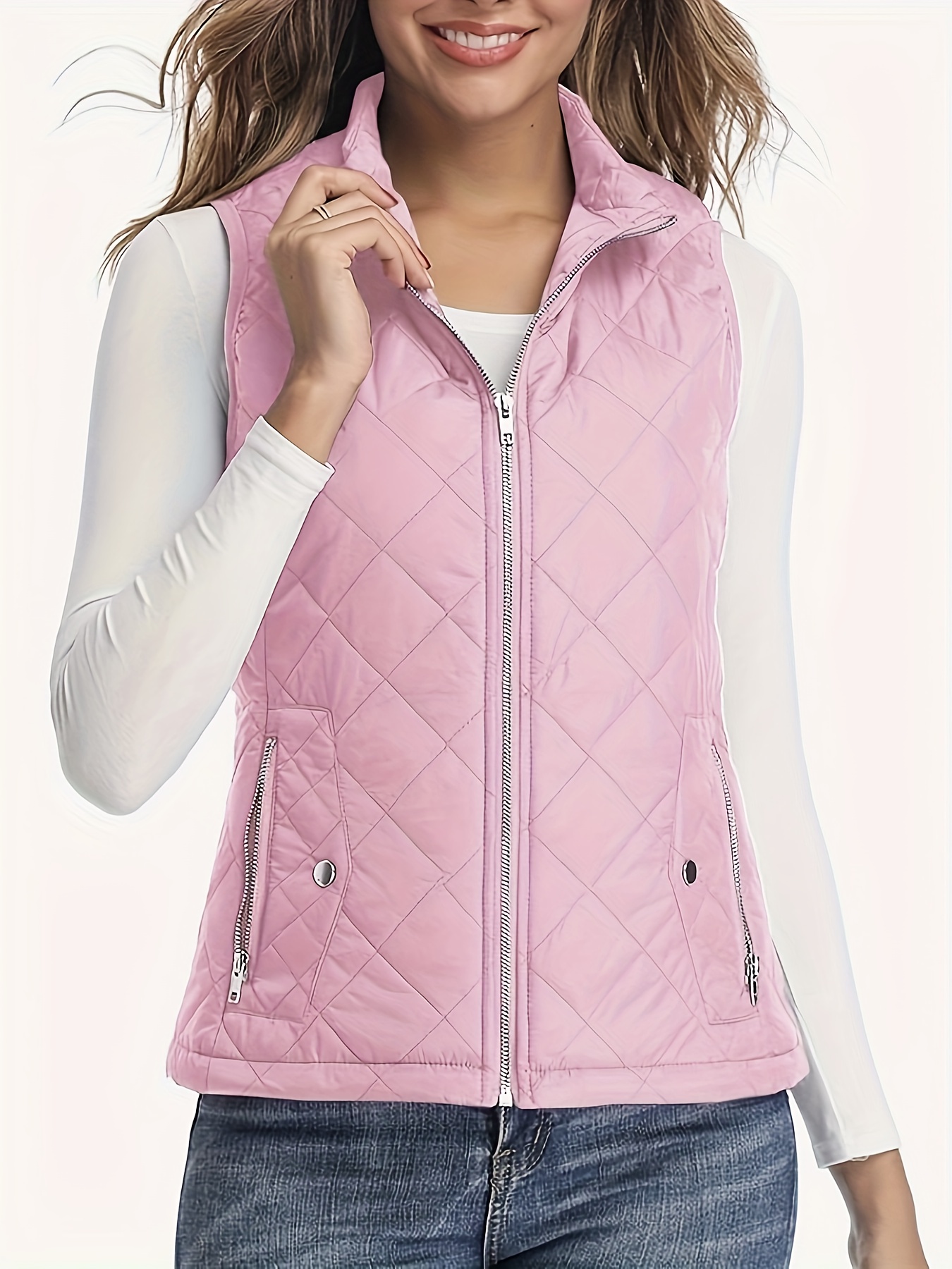 argyle pattern sleeveless vest casual zip up solid vest womens clothing details 39