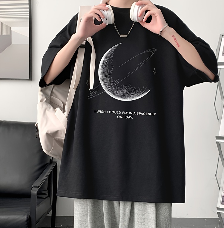 mens 100 cotton moon print t shirt casual short sleeve crew neck tee mens clothing for outdoor details 1