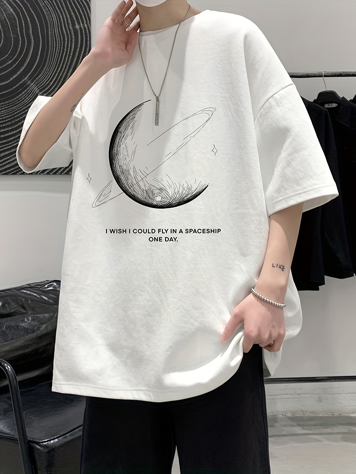 mens 100 cotton moon print t shirt casual short sleeve crew neck tee mens clothing for outdoor details 3